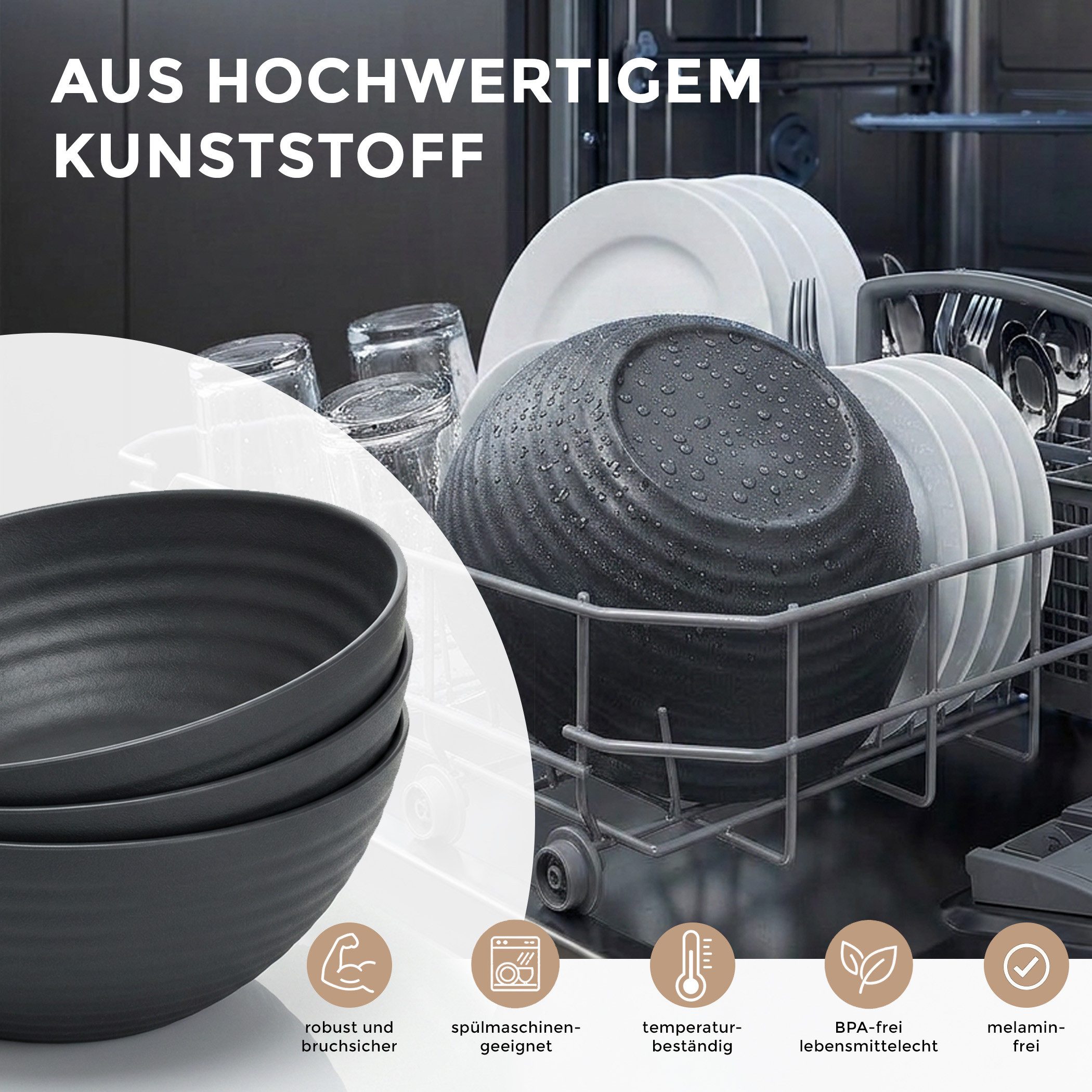 Hausfelder Servierschüssel Salatschüssel Set Schüsseln für Salat, Chips, Obst in Schwarz, Kunststoff, (3er Set, 3-tlg), spülmaschinengeeignet, BPA-frei, bruchfest, Wellen-Design