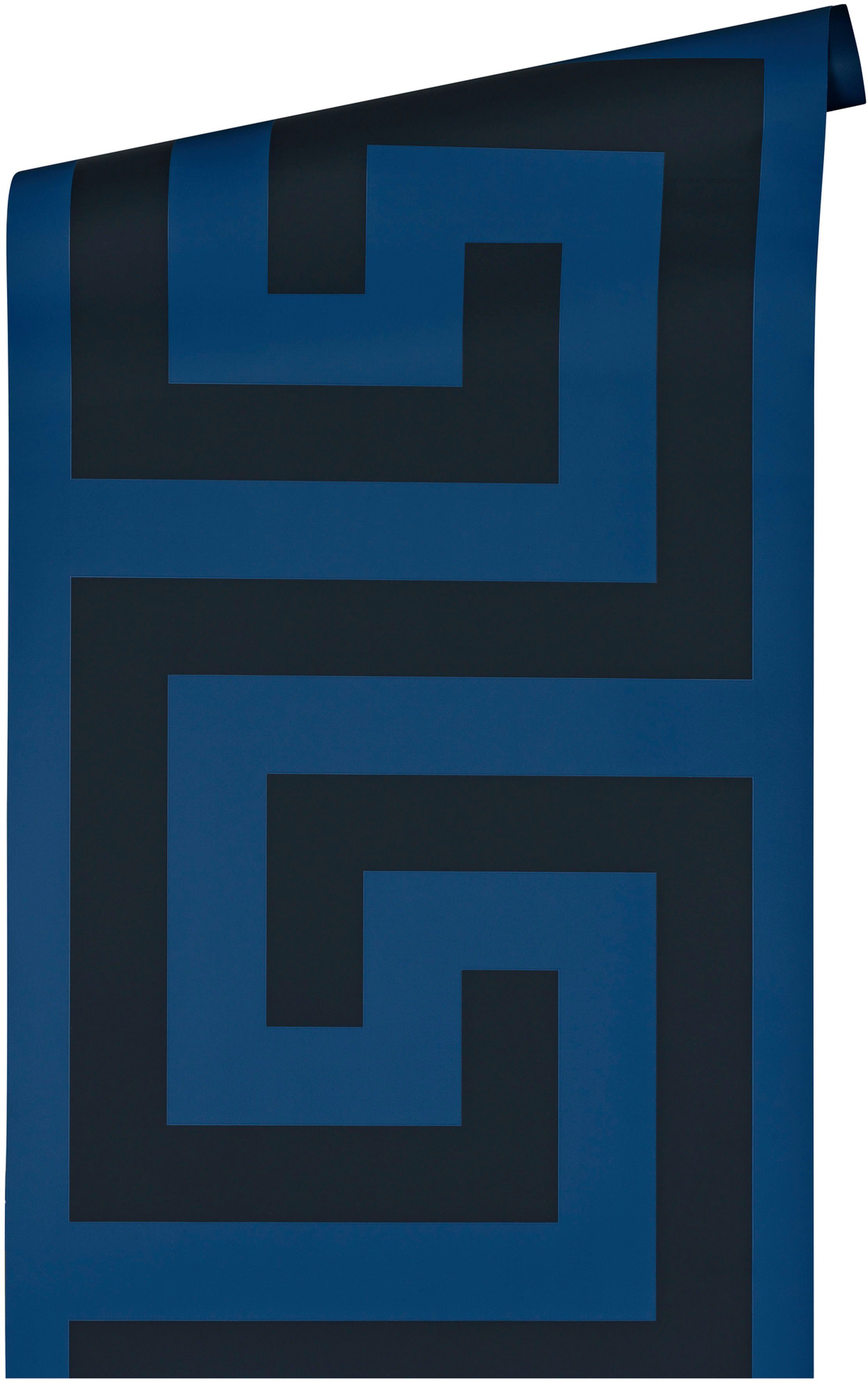 St), Versace glänzend, Versace 5 metallic, leicht Mäander, blau/schwarz (1 Wallpaper Designertapete Vliestapete strukturiert,