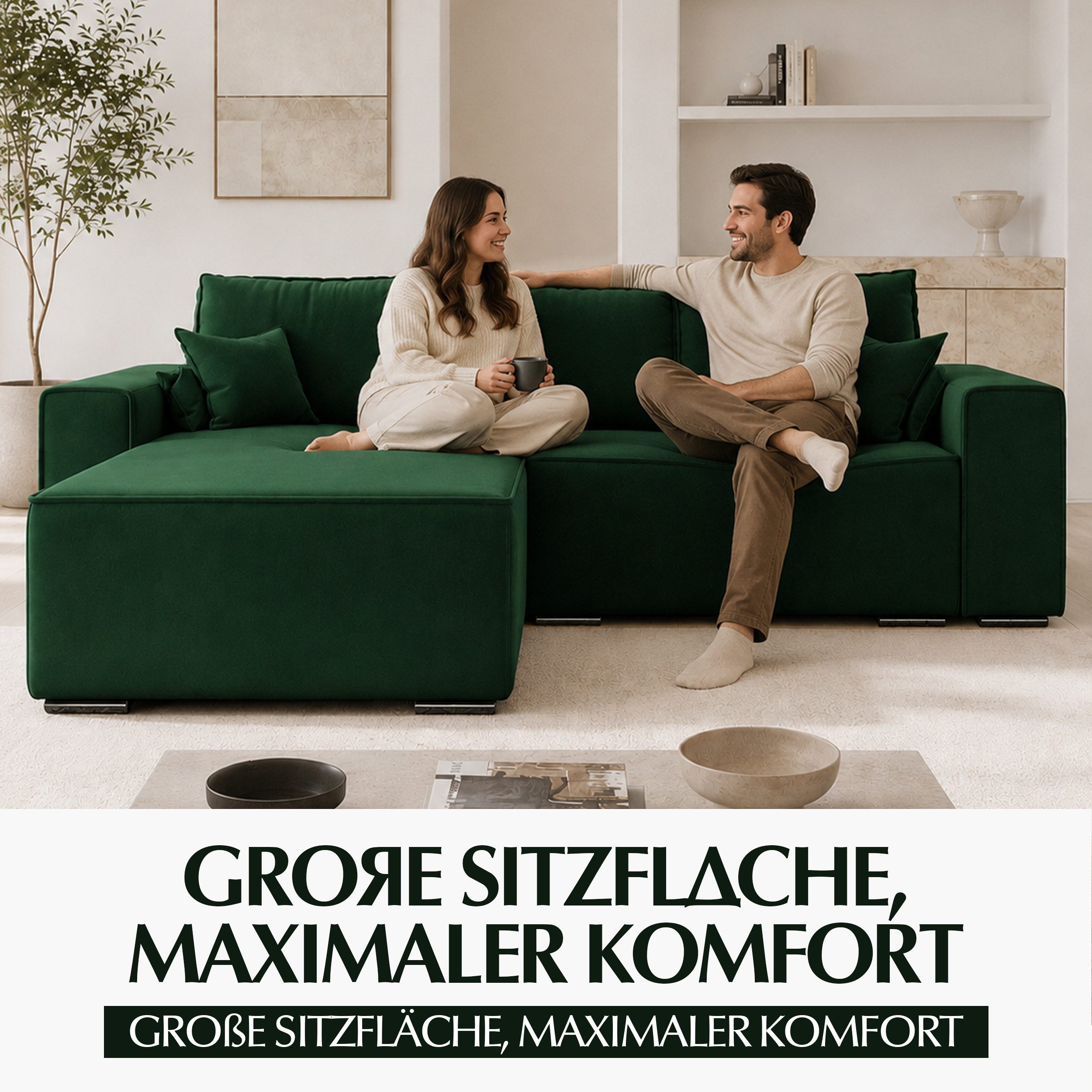 Goldstoff Ecksofa mit Schlaffunktion - Designersofa, Sofa mit Bettfunktion & Bettkasten, Schlafsofa RIVIA, multifunktionale Couch mit verstellbaren Kopfstützen in dunkelgrün