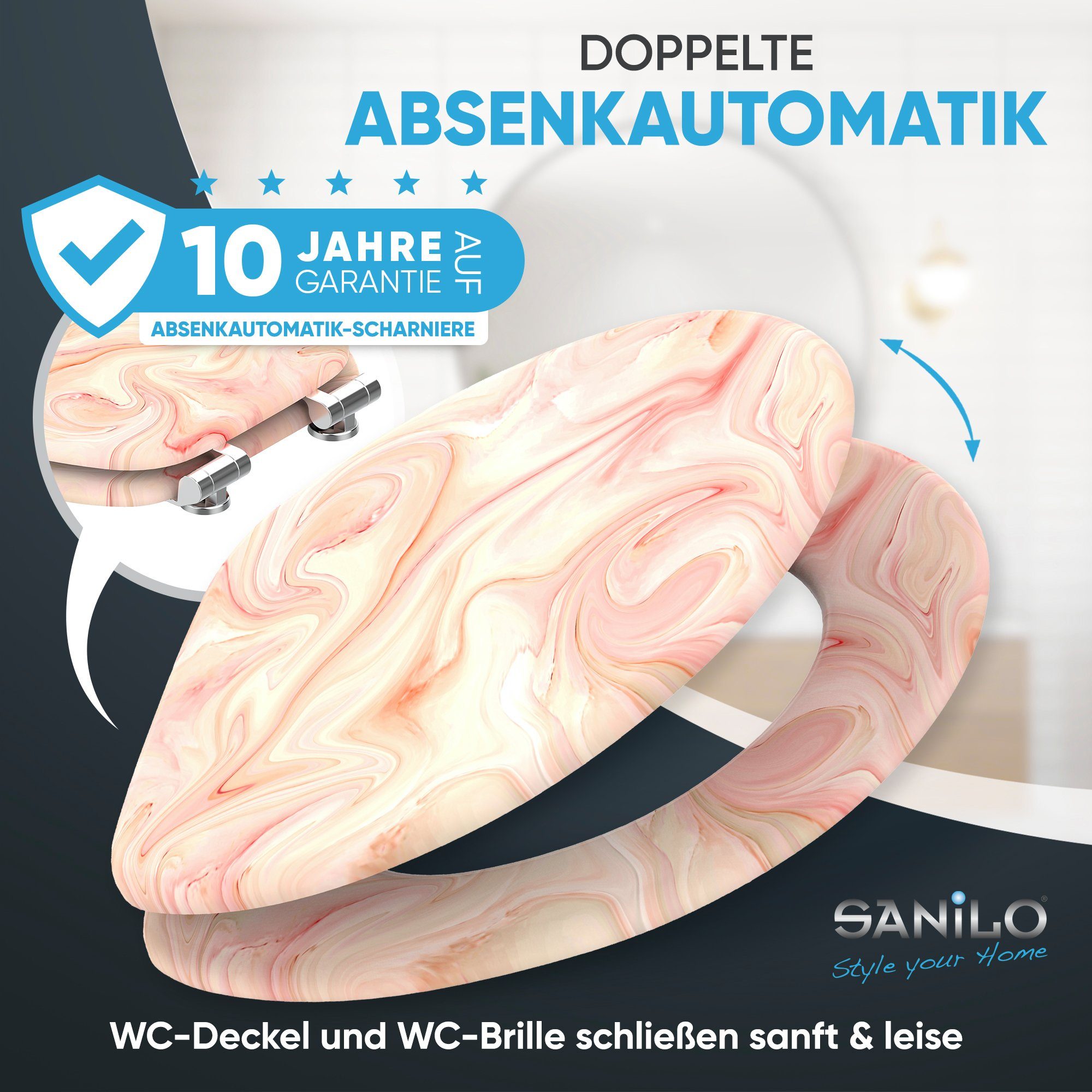 Sanilo WC-Sitz Marmor Rosa mit Absenkautomatik, Toilettendeckel direkt vom Hersteller, hochwertig & moderner Klodeckel mit Motiv, universell, leichte Montage