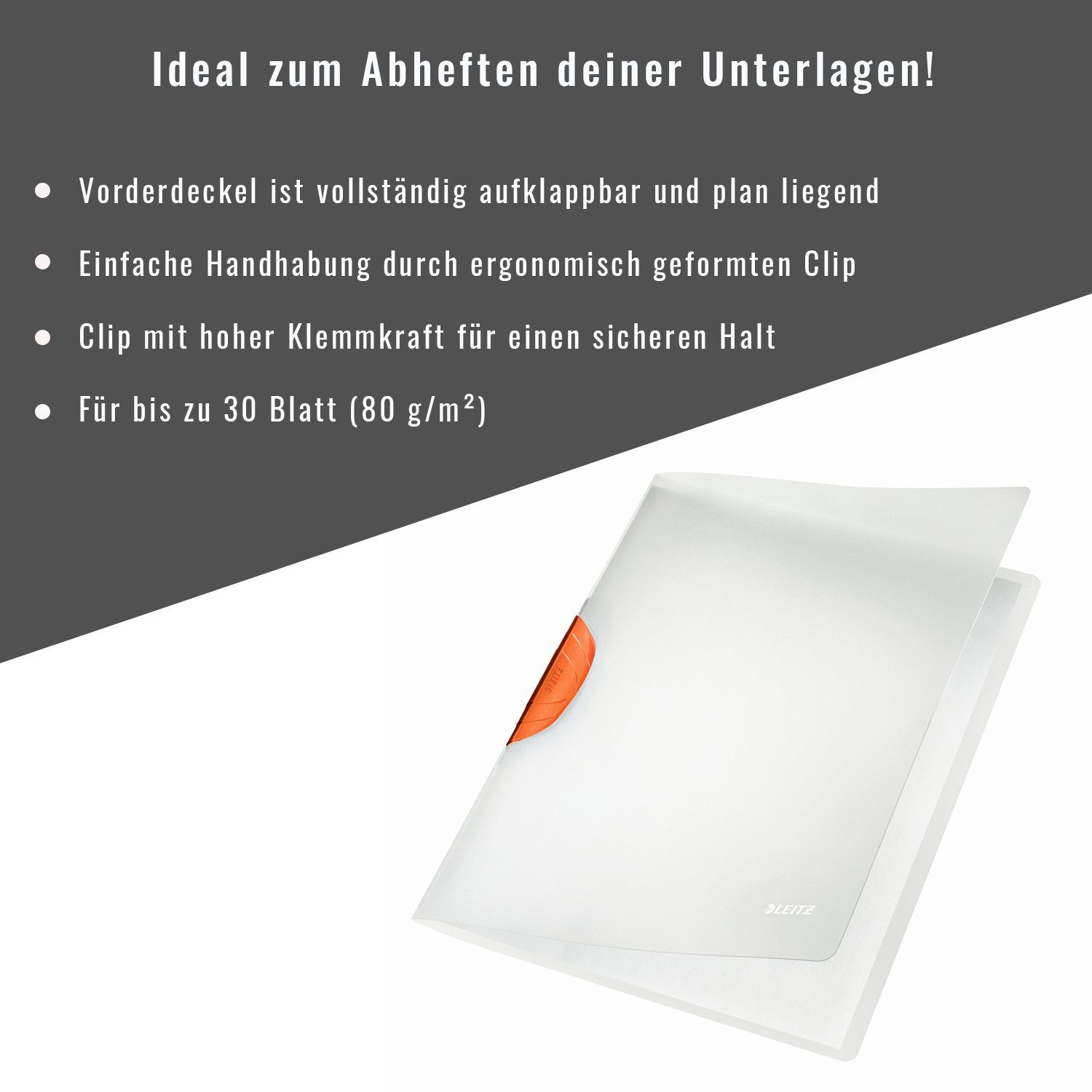 LEITZ Schulheft ColorClip Magic Hefter, für bis zu 30 Blätter (80 g/m), drehbarer Clip-Verschluss orange