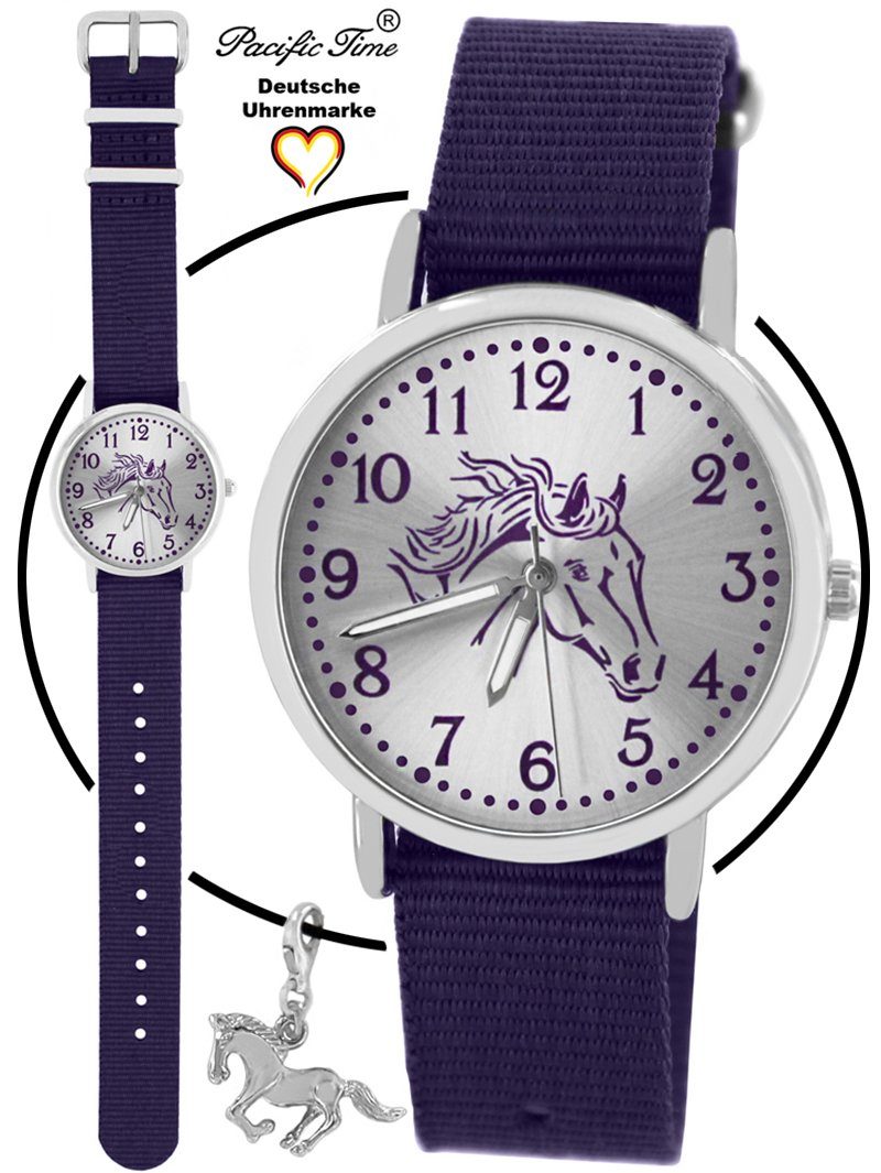 Pacific Time Quarzuhr Set Kinder Armbanduhr Pferd violett Wechselarmband und Kette, Mix und Match Design - Gratis Versand