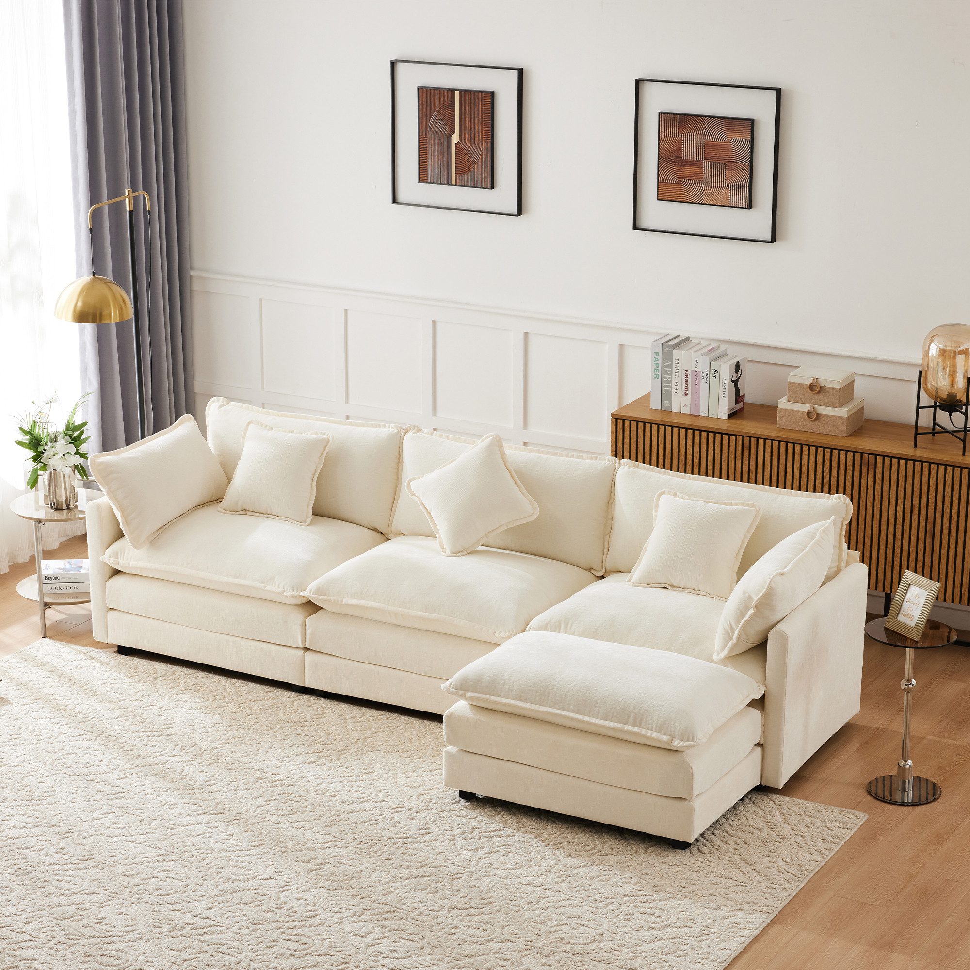 i@home Ecksofa 3 sitzer-Sofa,Polstersofa,L-förmiges Sofa, Ecksofa mit Fußstütze, geeignet für Wohn- und Schlafzimme,grau/beige