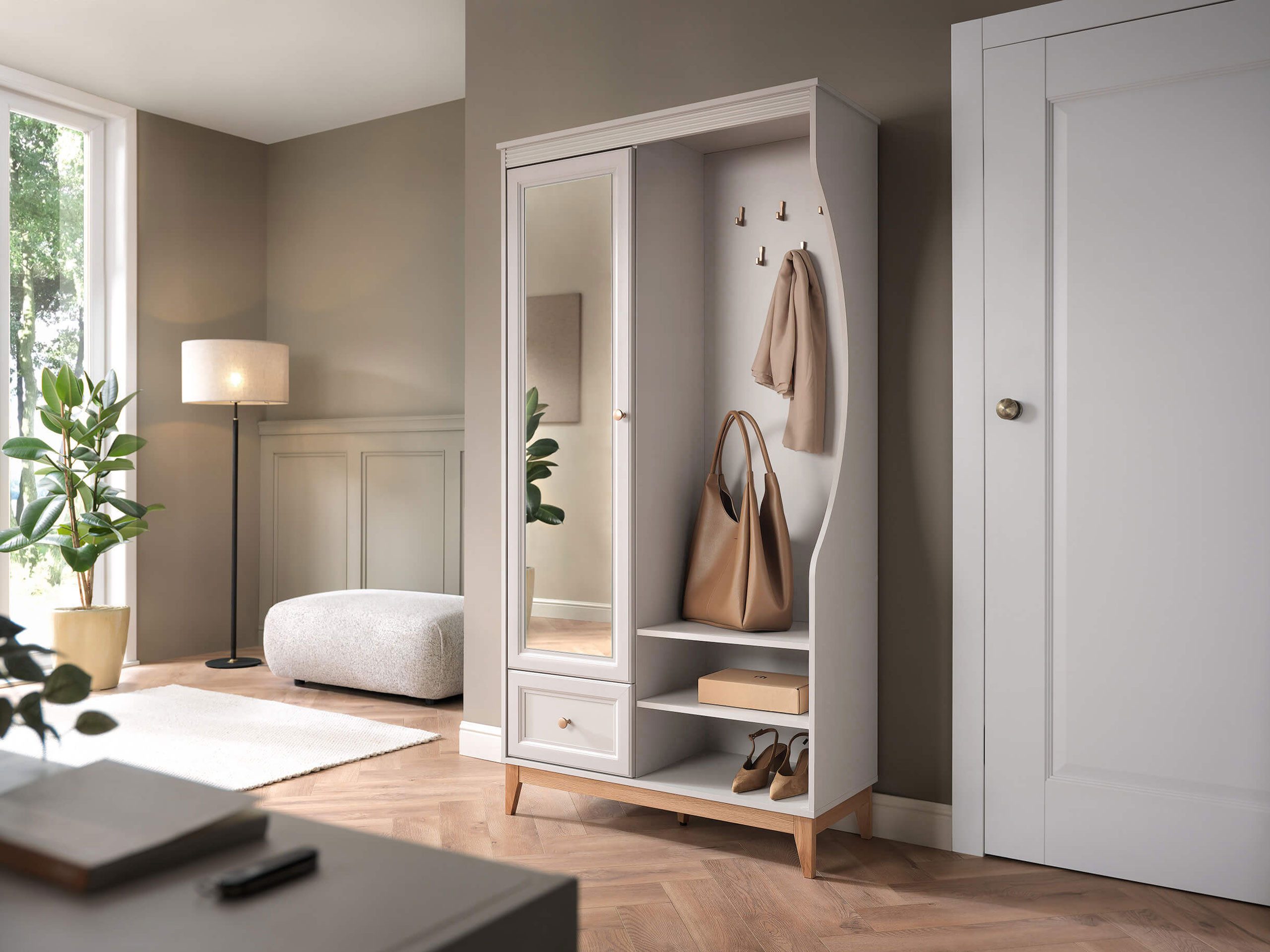 MIRJAN24 Garderoben-Set Windsor, (mit Drehtür und Schublade), Metallgriffe, Frontspiegel, 5 Kleiderhaken