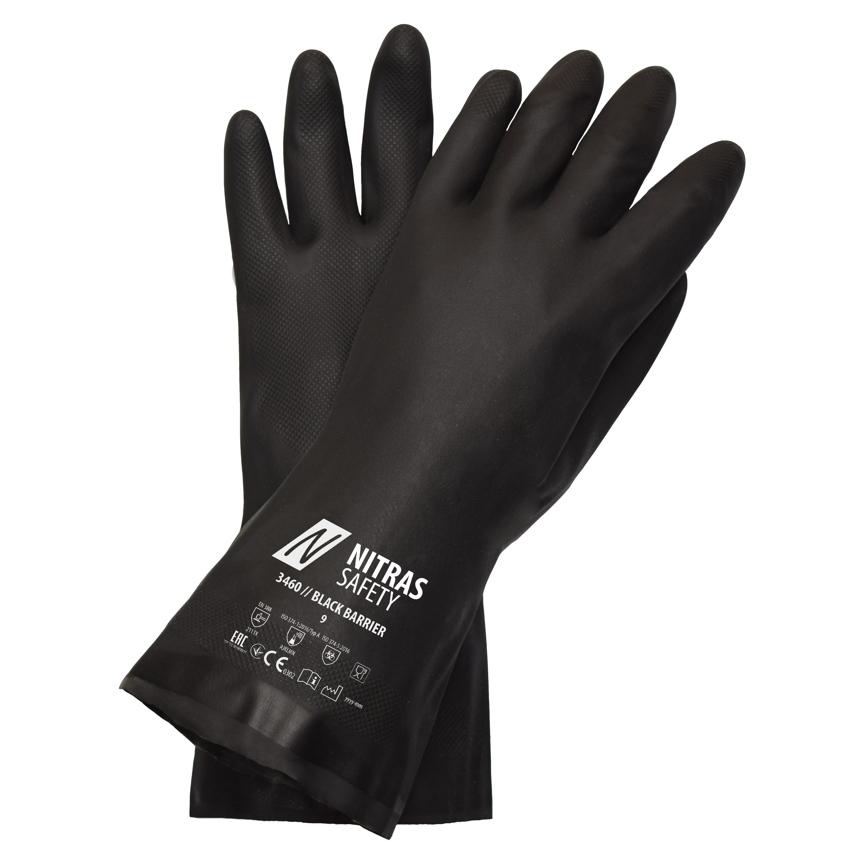 Nitras Chemikalien-Schutzhandschuhe 3460 Black Barrier Putzhandschuh schwarz (Packung, VPE= 12 Paar, Gr7-11) velourisiert/ Длина 30cm
