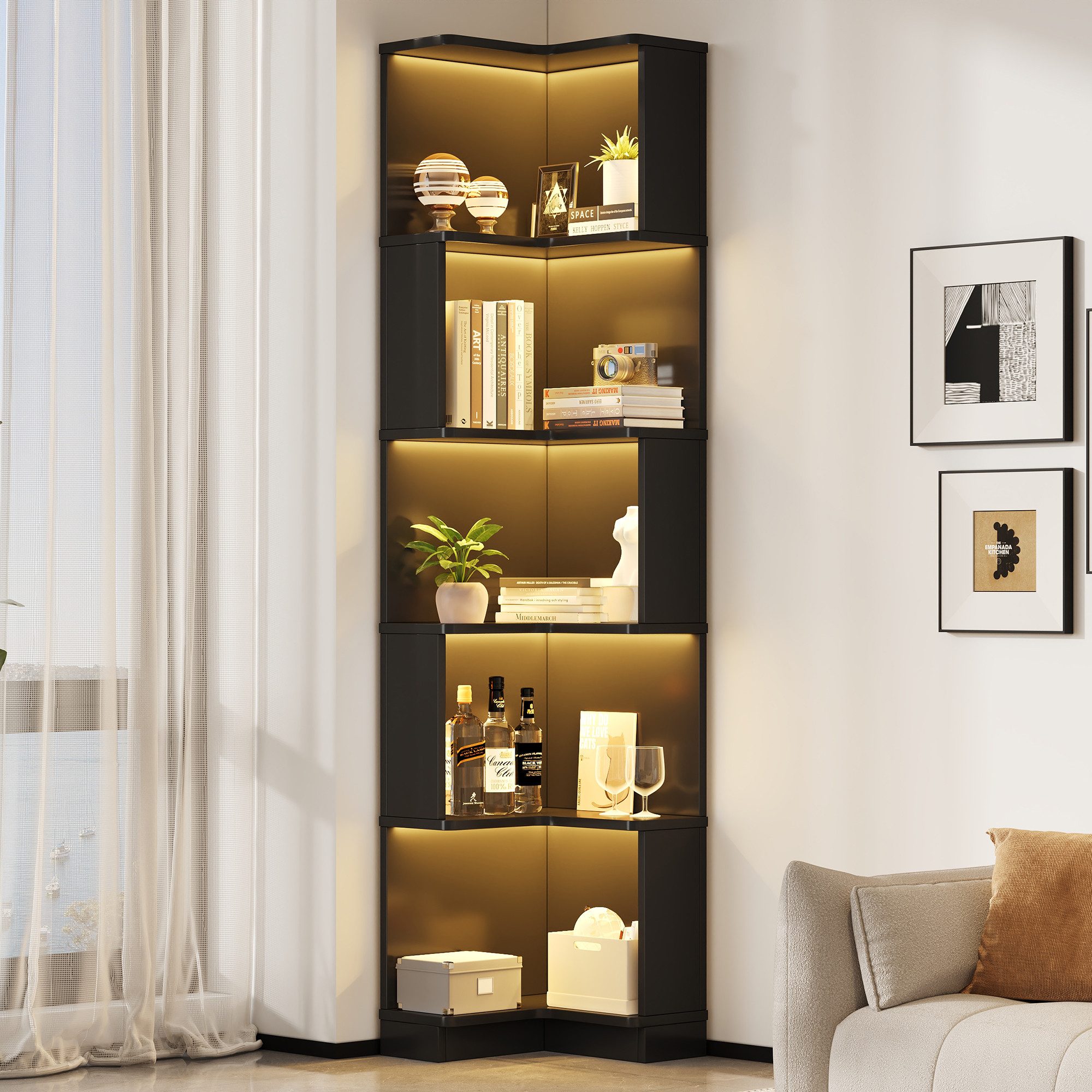 Flieks Bücherregal Standregal mit LED-Beleuchtung und 6 Ebenen, B63,5/T45/H175 cm 1-tlg., Eckbücherregal mit 5 Fächer L-förmig Hochschrank Eckregal Schwarz