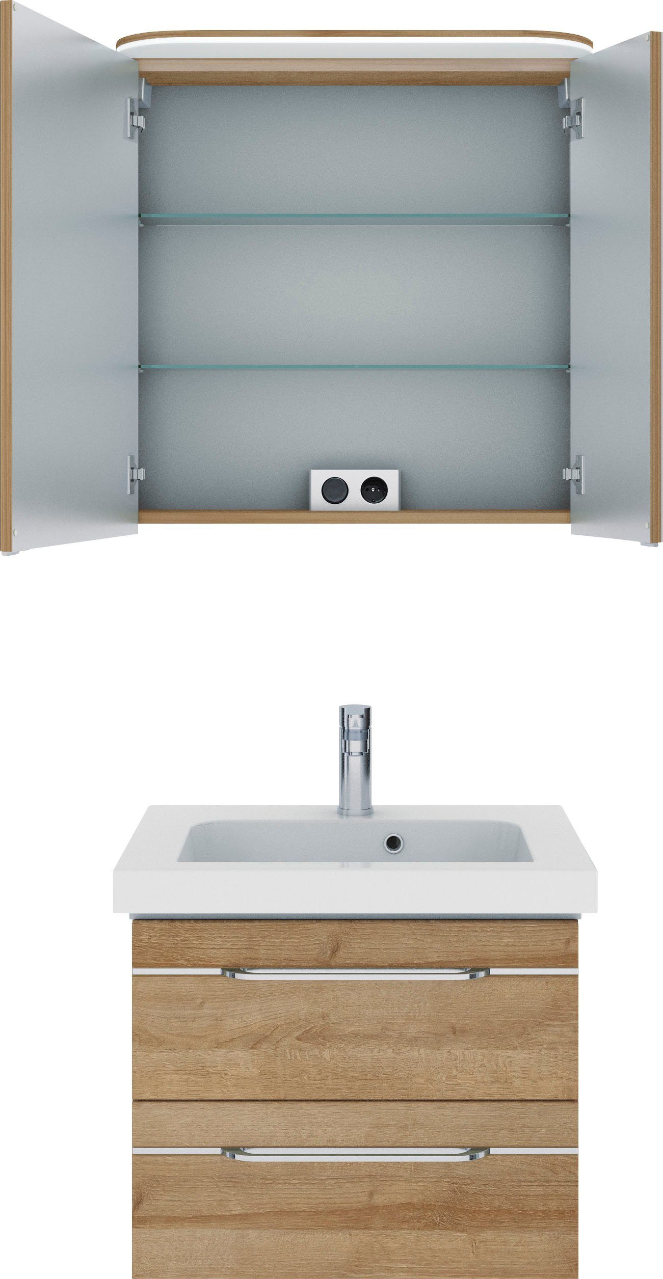 Saphir Badmöbel-Set Balto Sprint 2-teilig, Mineralmarmor-Waschtisch mit LED-Spiegelschrank, (2-St), Badezimmer Set inkl. Türdämpfer, 70 cm breit, 2 Türen, 2 Schubladen