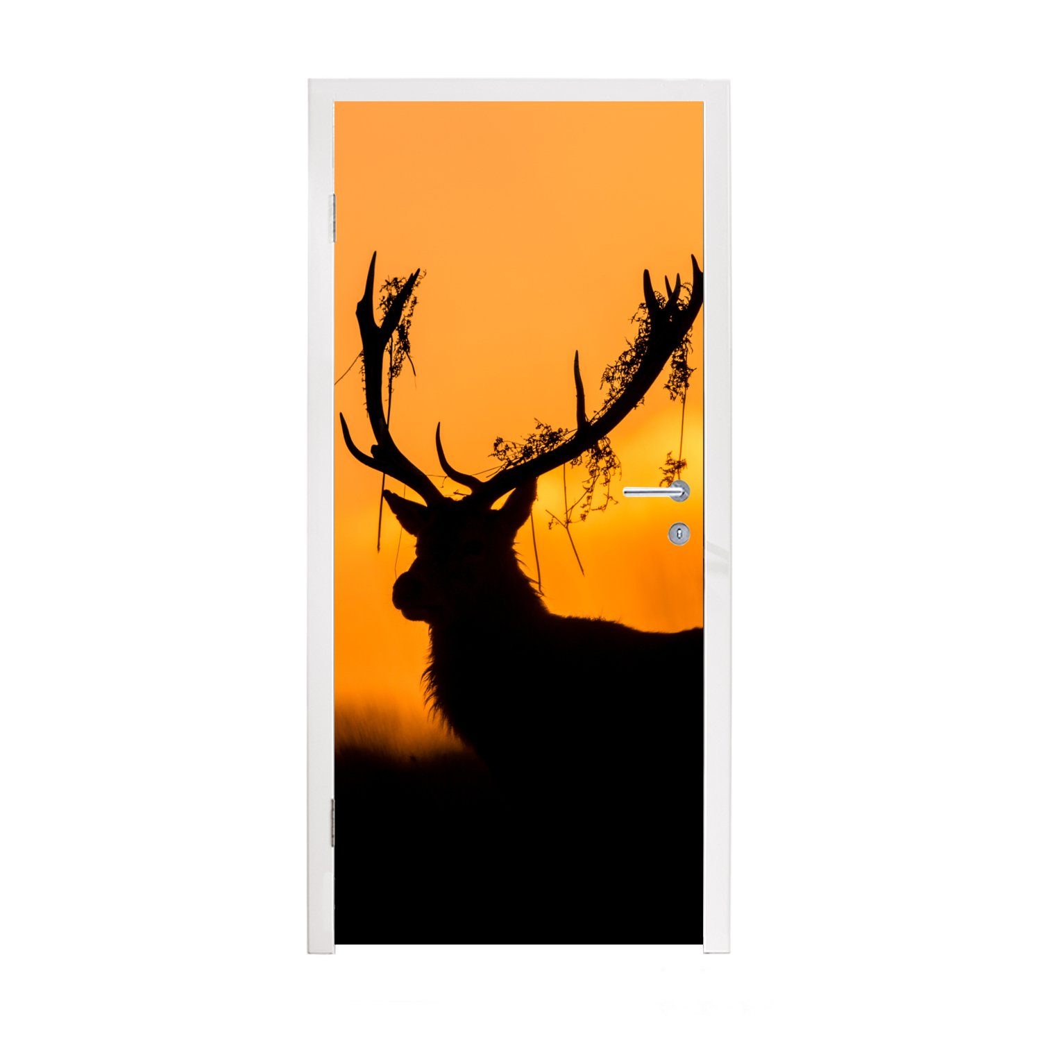MuchoWow Türtapete Hirsch - Orange - Scherenschnitt - Tiere - Natur, Matt, bedruckt, (1 St), Fototapete für Tür, Türaufkleber, 75x205 cm