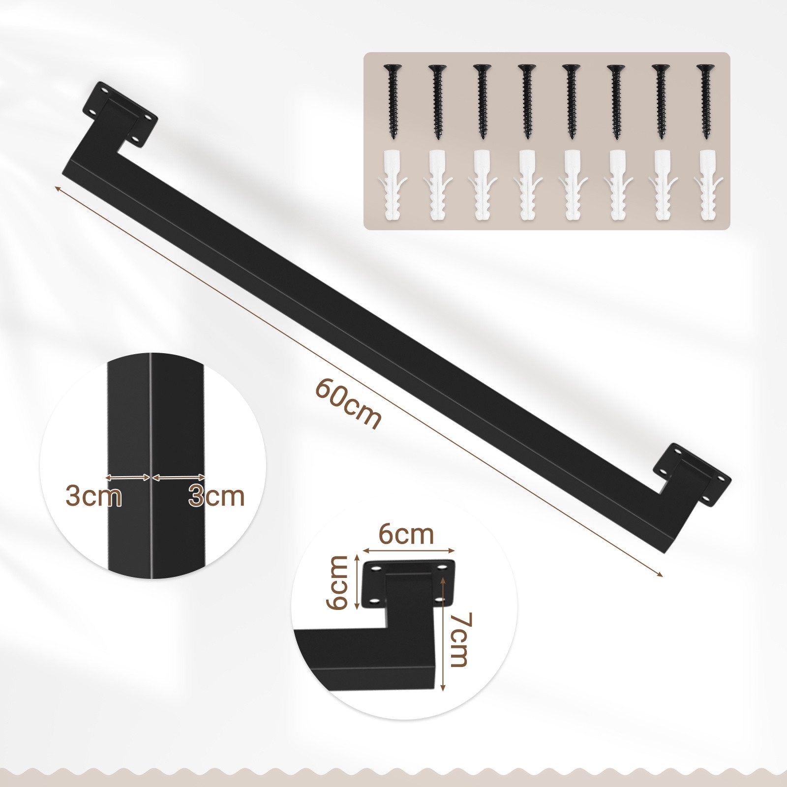 Clanmacy Treppengeländer 60 cm Schwarz, aus Eisen, 30 x 30 mm, einteilig, für Treppe und Flur