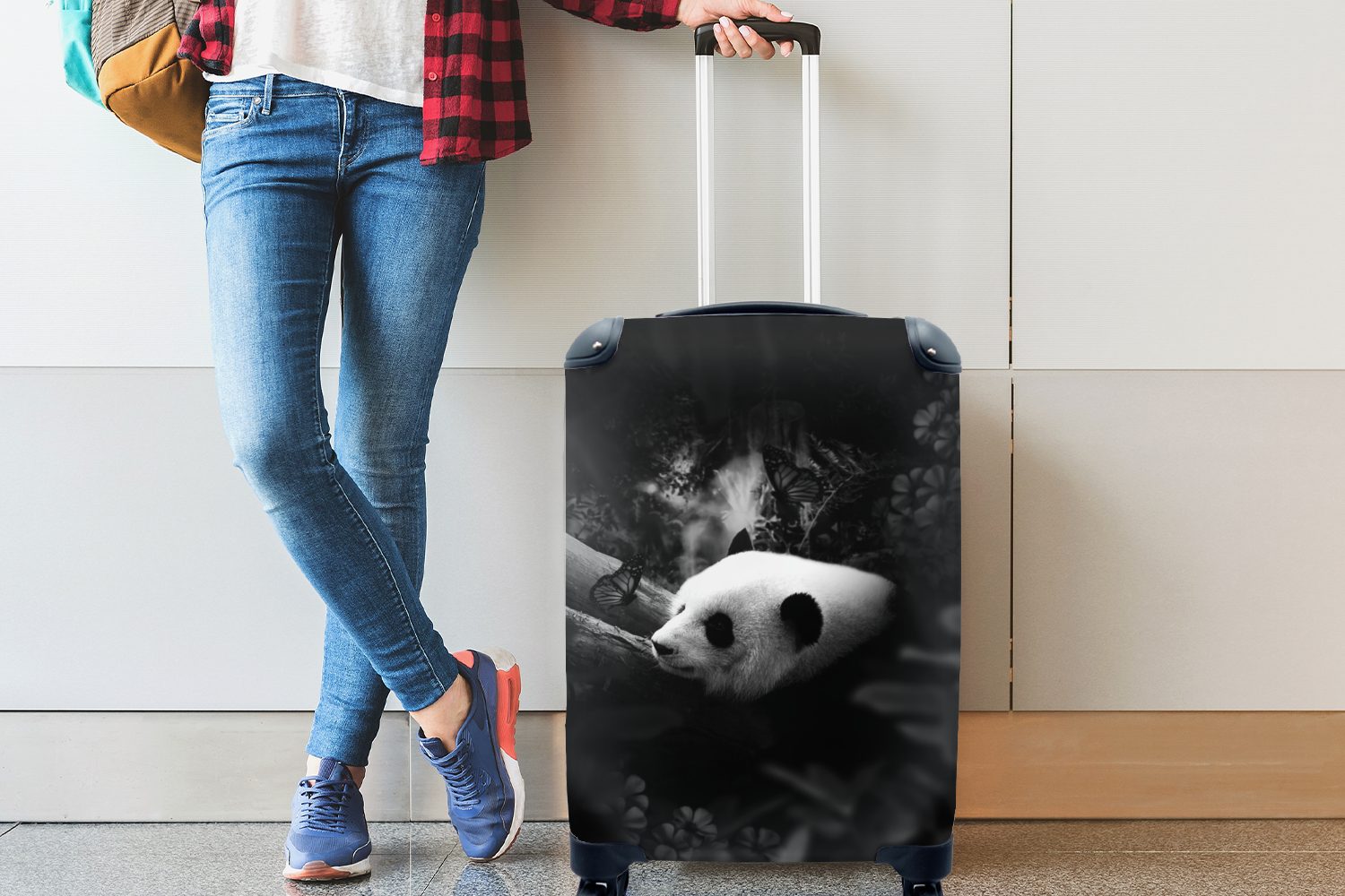 Trolley, Schmetterlingen schwarz 4 und Reisekoffer im Handgepäckkoffer für Panda Ferien, Dschungel weiß, - mit Reisetasche MuchoWow mit Handgepäck Rollen, rollen,