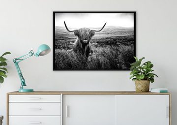 Pixxprint Leinwandbild Highland Rind mit großen Hörnern Steppe, Monochrome, Wanddekoration (1 St), Leinwandbild fertig bespannt, in einem Schattenfugen-Bilderrahmen gefasst, inkl. Zackenaufhänger