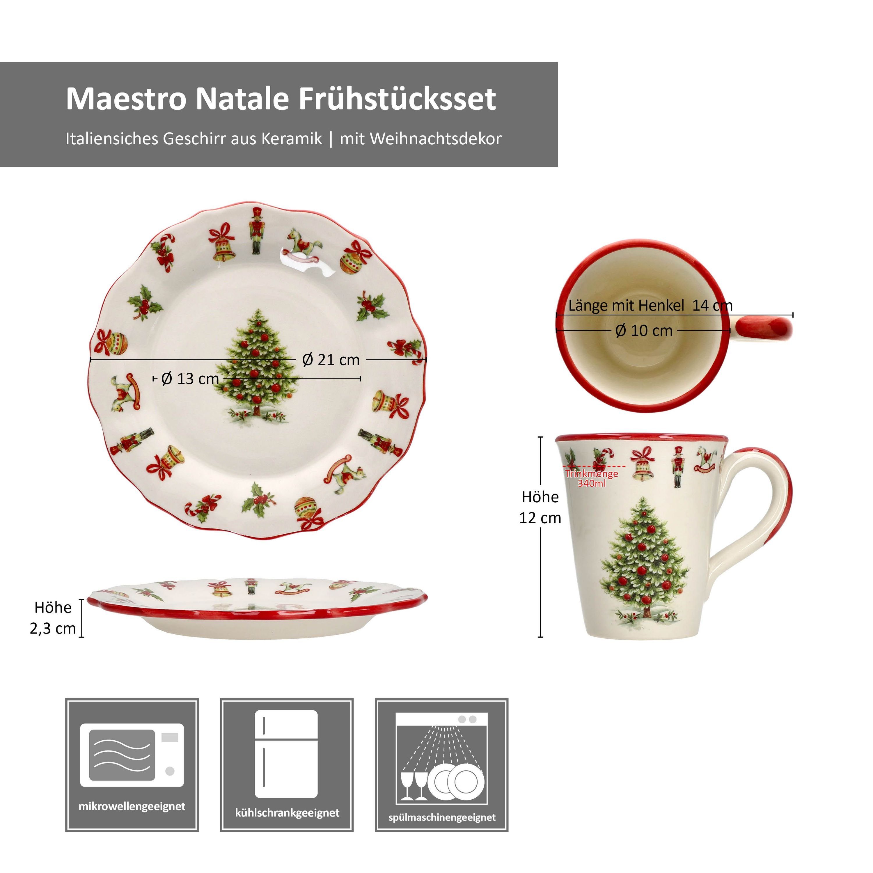 MamboCat Frühstücks-Geschirrset Maestro Natale 2 Keramik Frühstücksset 4tlg Weihnachten, Pers Keramik Teller