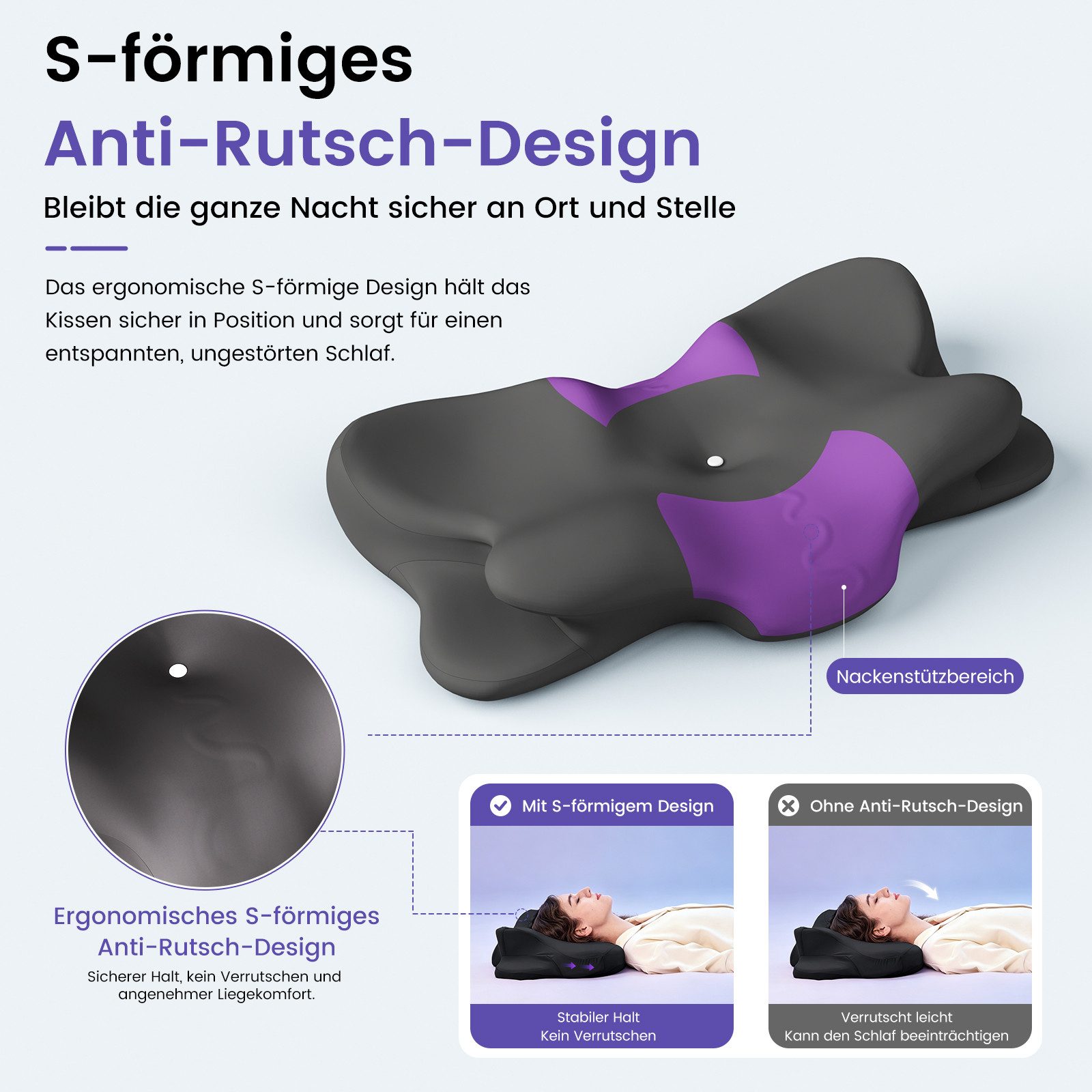 CHICASA Kopfkissen Nackenstützkissen aus 55D Memory Foam, HWS-stützend, abnehmbarer Bezug, Maße: 65 × 41 × 12/8 cm (zwei Höhen), 5-Zonen-Stützsystem, 100 % Memory-Schaum, Kühlendes Nackenstützkissen, 4D-Luftzirkulationsstruktur, Reisedesign