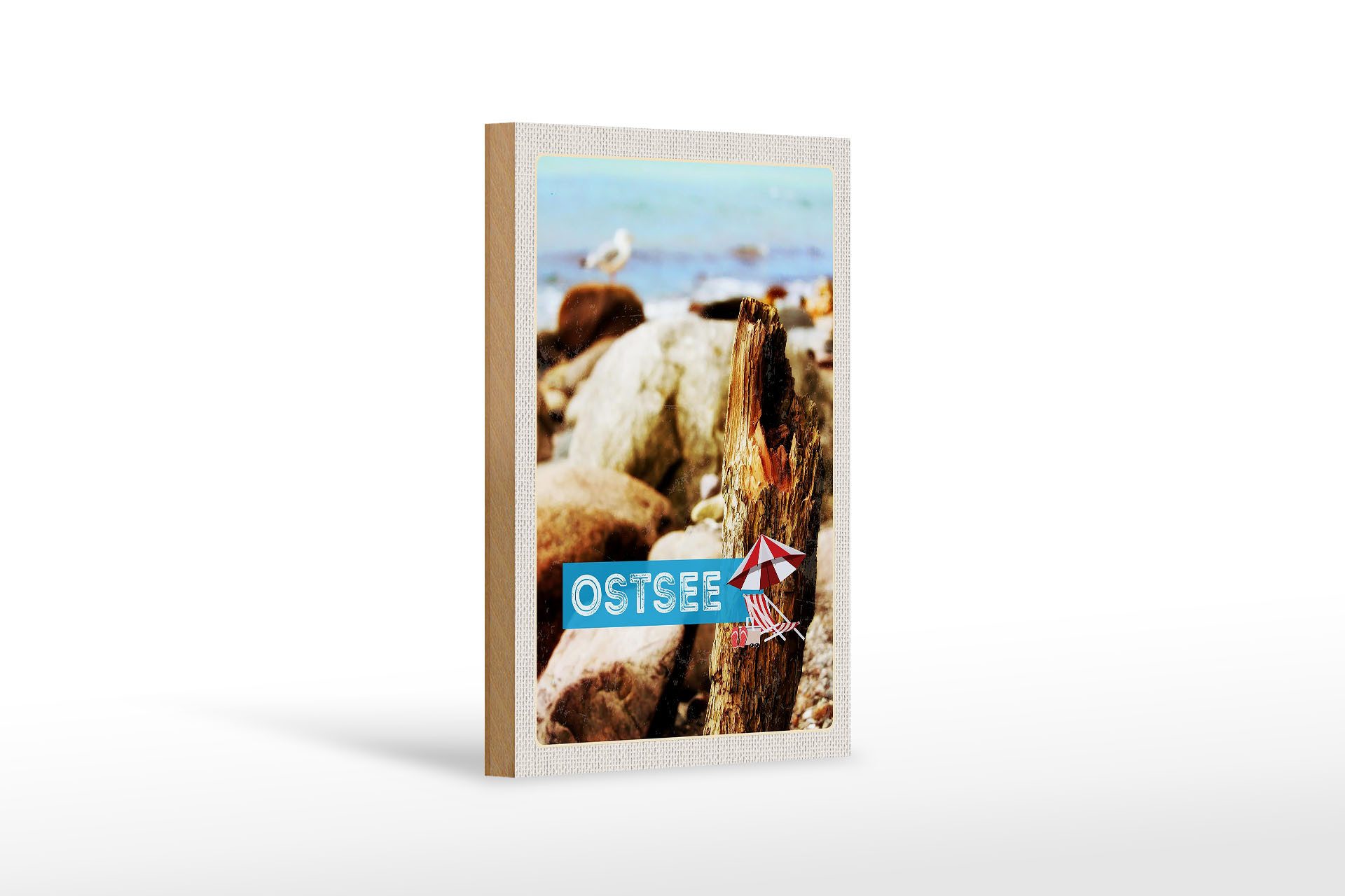 Femer GmbH Holzbild Reise 12x18 cm Ostsee Strand Steine Natur Meer Urlaub, (1 St), Glatte Holzfaserplatte (MDF), vorn beschichtet