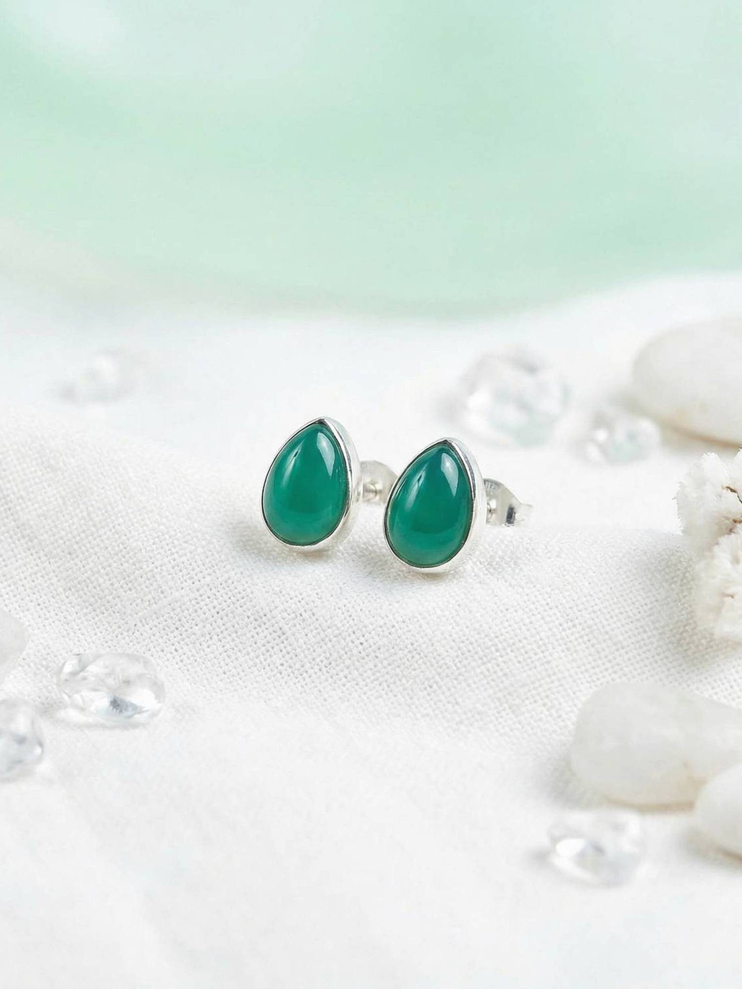 mantraroma Paar Ohrstecker SAMA Tropfen aus 925 Silber mit grünen Onyx (Paar, Paar Ohrringe mit Schmuckbeutel), 925 Sterling Silber Ohrringe für Damen