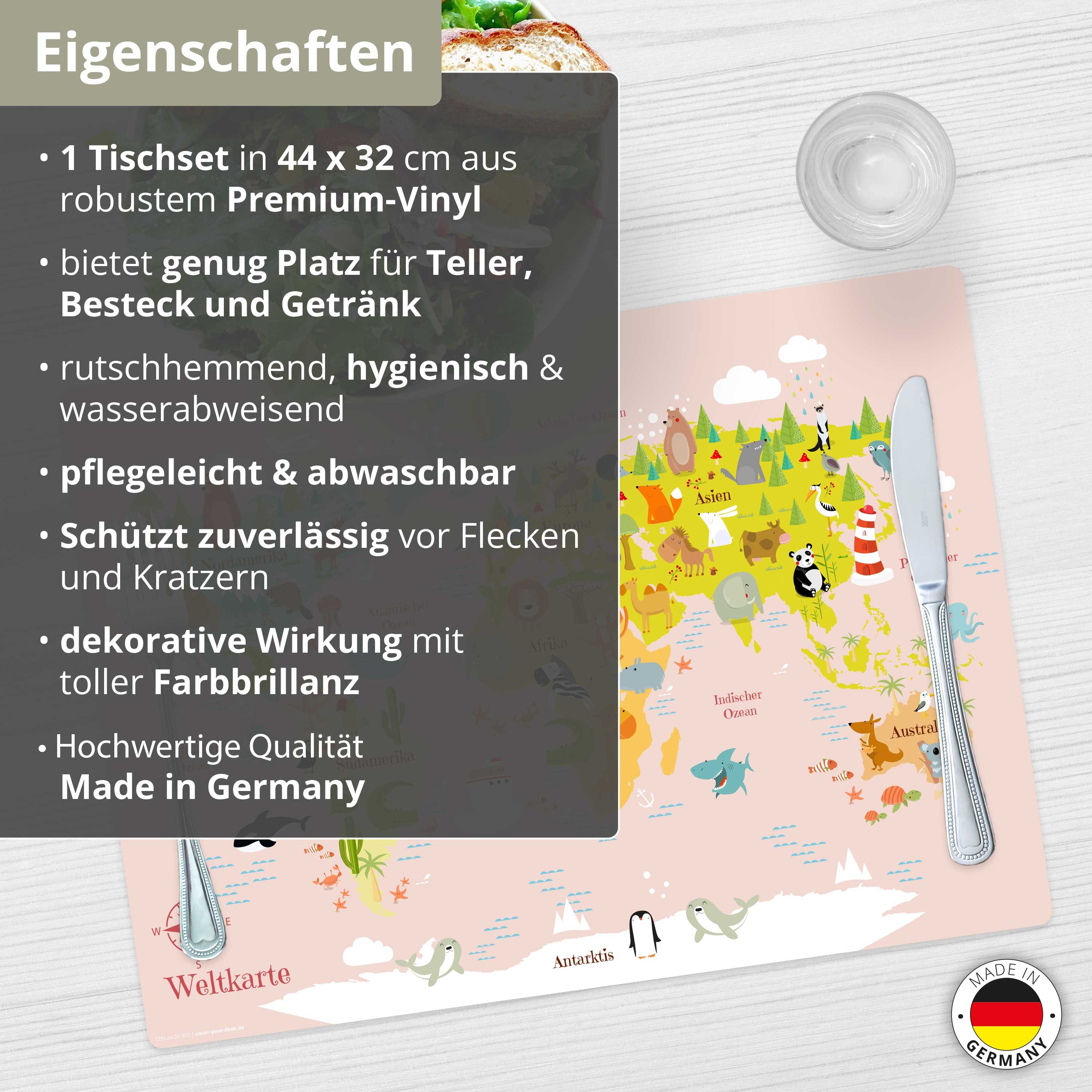 Tischsetmacher Platzset Tischset,  Platzset abwaschbar - Für Kinder - Weltkarte in rosa, (aus erstklassigem Vinyl (Kunststoff - BPA-frei), 1-St., 44 x 32 cm - rutschfeste Tischdekoration), Made in Germany