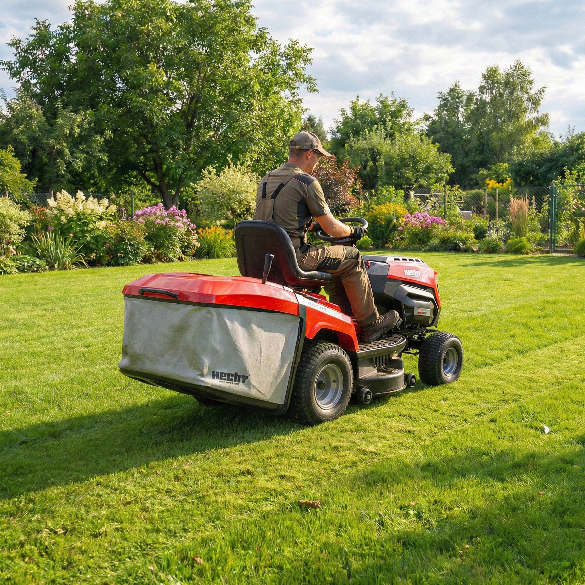 Hecht Rasentraktor Aufsitz Rasenmäher mit Hydrostat-Getriebe, 9,2 kW / 12,5 PS, 250 Liter, 98 cm Schnittbreite, LONCIN 452 cm³, Reinigungsanschluss, LED, Messerkupplung