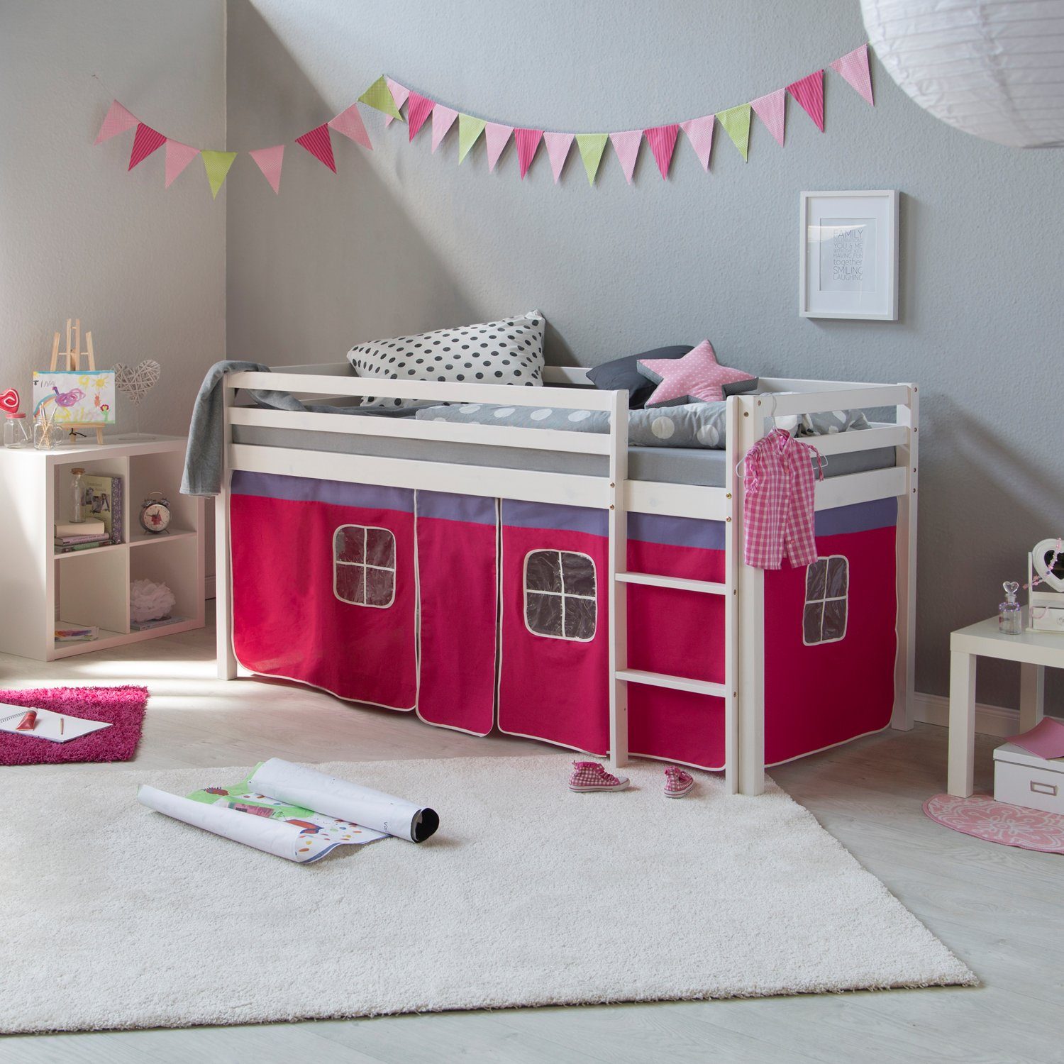 Homestyle4u Hochbett 90x200 cm Kinderbett Weiß mit Vorhang Pink günstig online kaufen