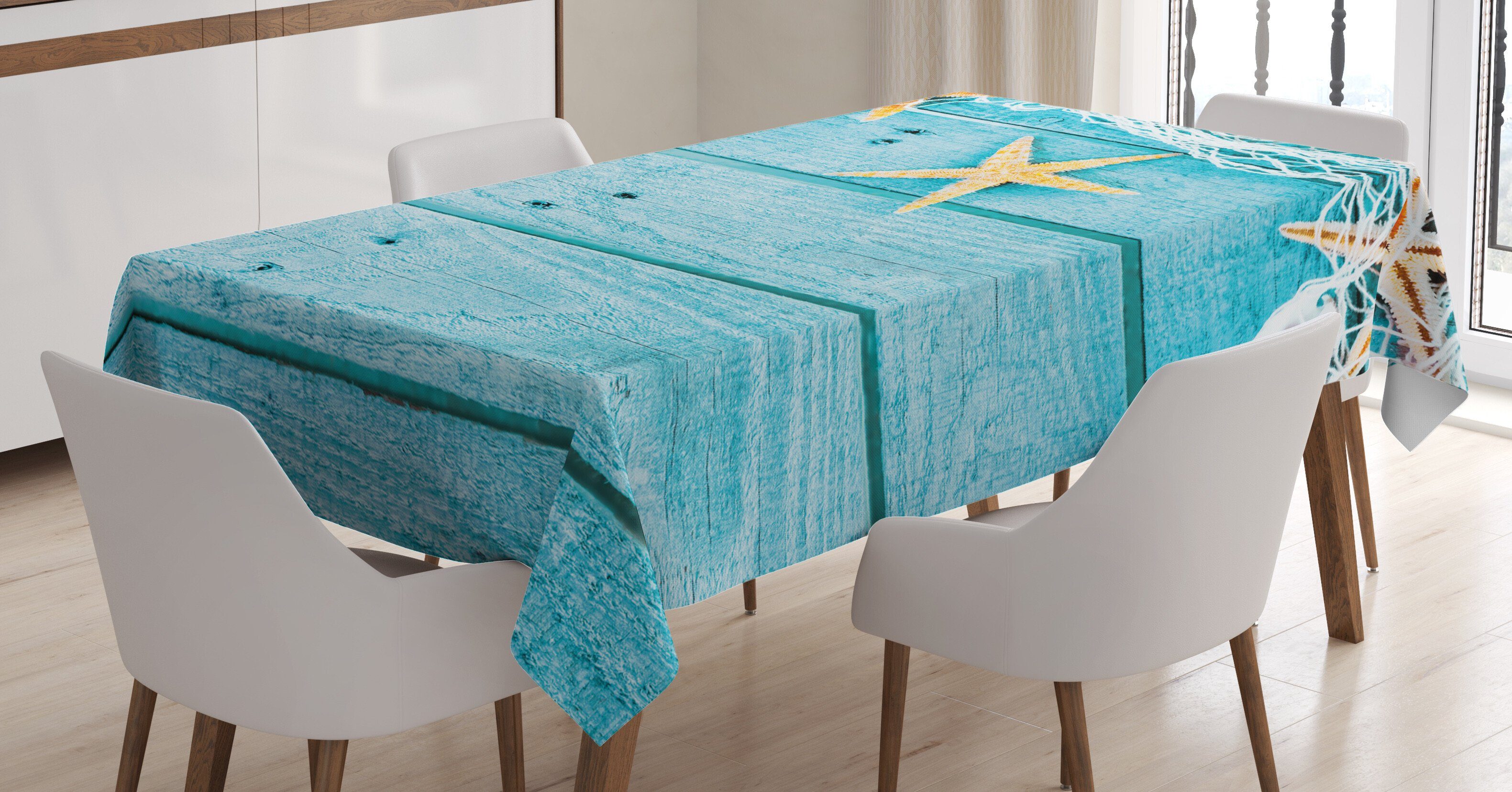 Abakuhaus Tischdecke Farbfest Waschbar Für den Außen Bereich geeignet Klare Farben, Seestern Rustic Fisch-Netz | Tischdecken