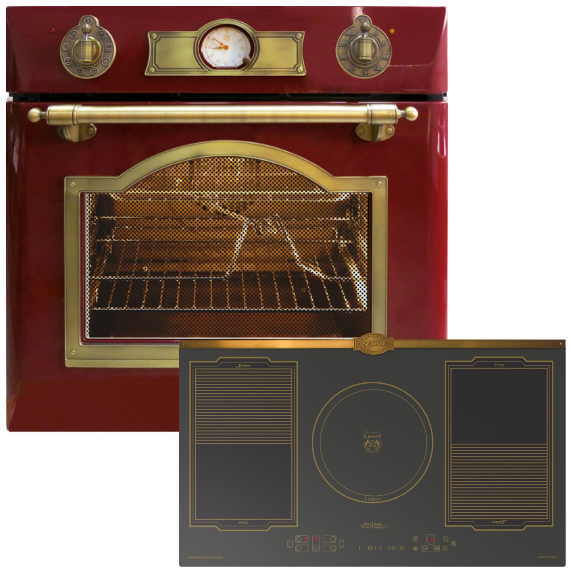 Kaiser Küchengeräte Backofen-Set Empire Design Retro Backofen mit Heißluftsystem, Infrarotgrill und elektrischem Drehspieß EH 6355 RotEm+KCT 9196 IEm, Katalytische Selbstreinigung, FREE ZONE FlexInduktion 90 cm Kochfeld mit Power Booster