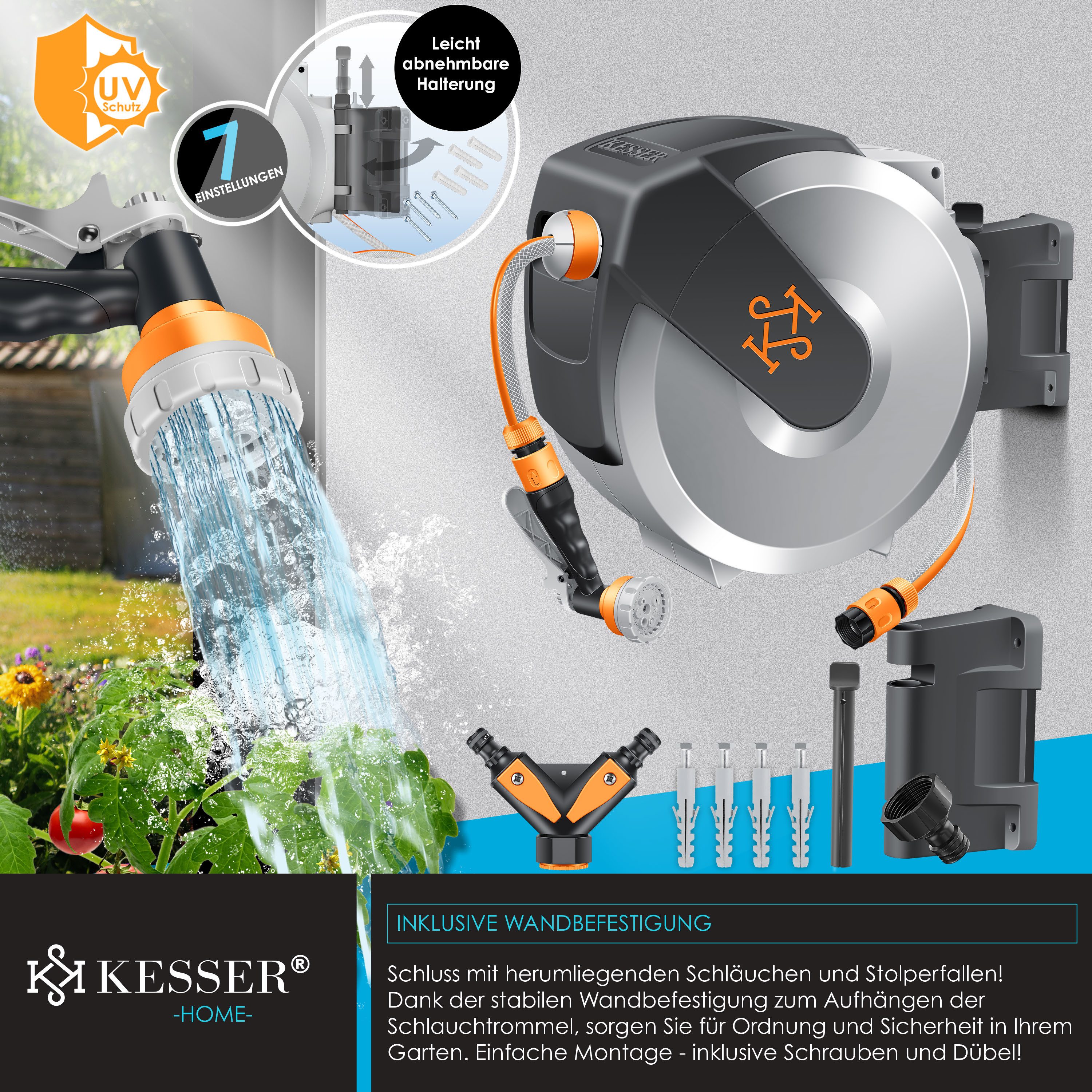 KESSER Gartenschlauch Wasserschlauchtrommel 180° schwenkbar & automatische Aufrollung, (Inklusive ergonomischer 7-Funktionen-Power-Handbrause), Schlauchtrommel mit Gartenschlauch zur Wandmontage Wand-Schlauchbox