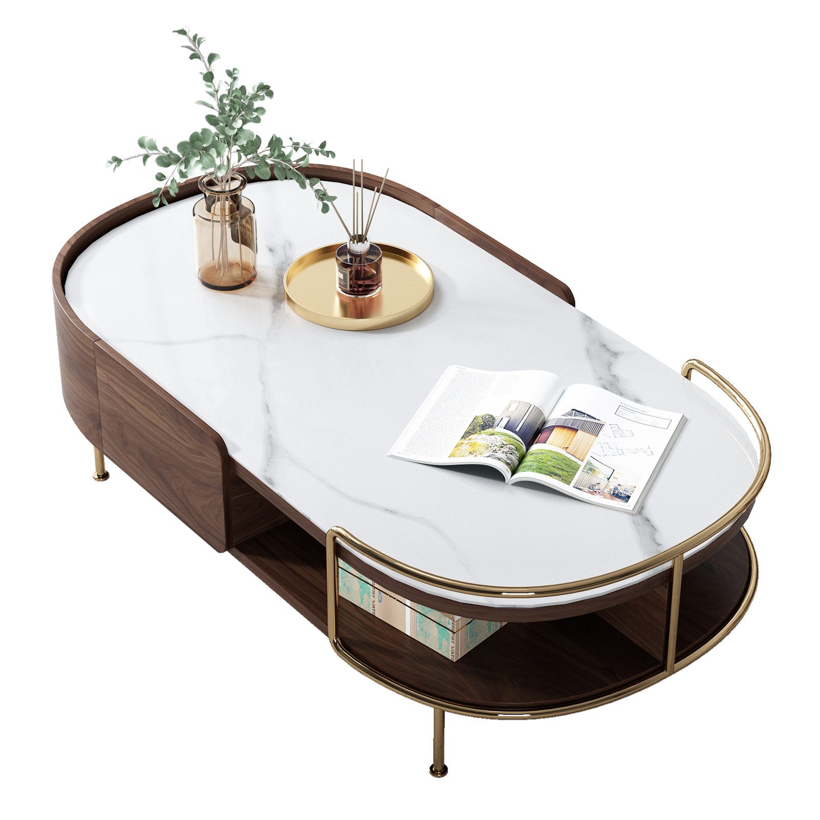 Graceabode Couchtisch Ovaler Wohnzimmertisch aus Walnussholz mit Steinplatte, 130x70x38cm (1-St), mit halbrundem Stauraum – Vielseitige Wahl für moderne Wohnzimmer