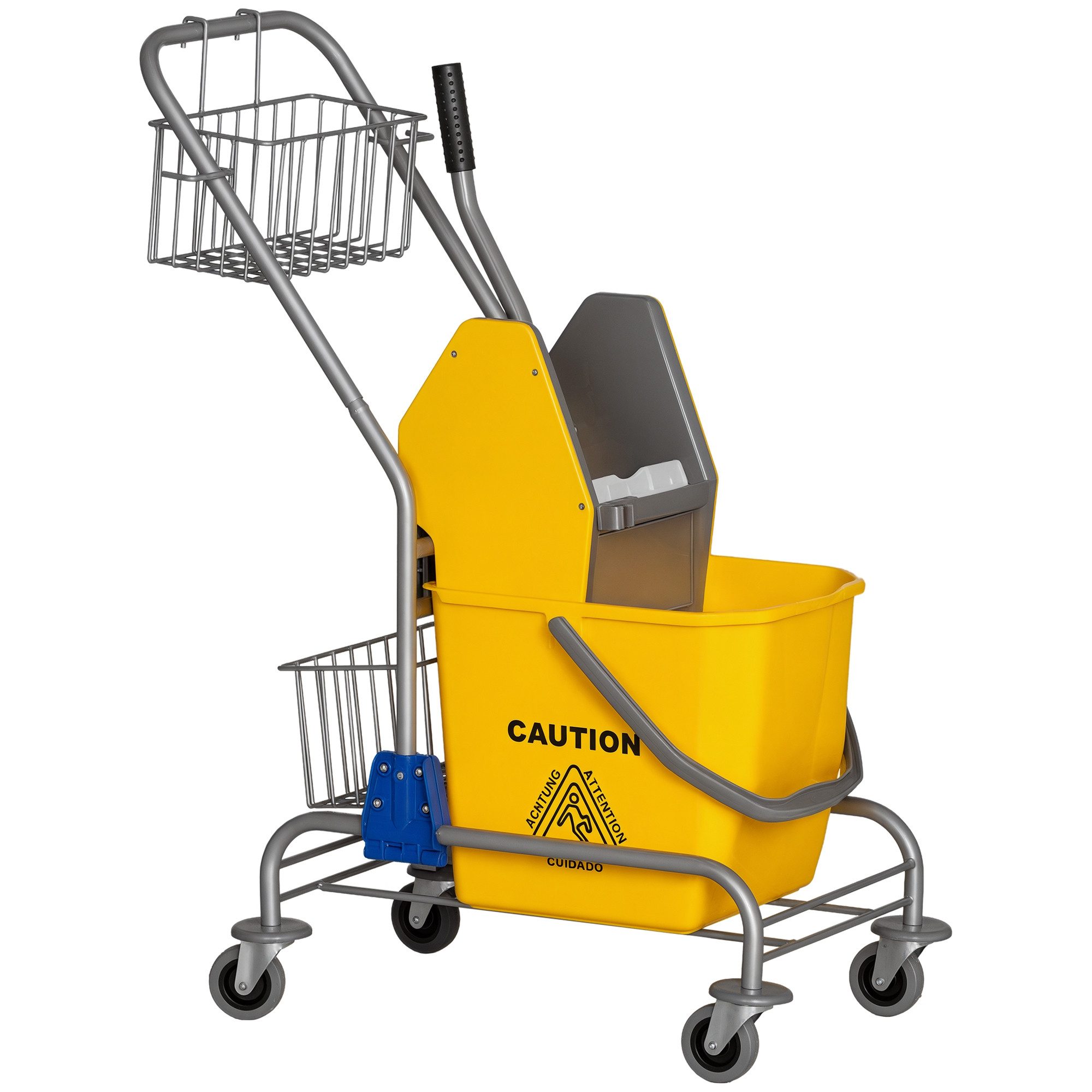 HOMCOM Putzwagen Reinigungswagen Wischwagen mit Wringer, Haushaltswagen Gelb, (Set, 1-St., Reinigungswagen mit Eimer und Auspresser), 26L Eimer, 2 Werkzeugkörbe, 4 Rollen, Mopphalter
