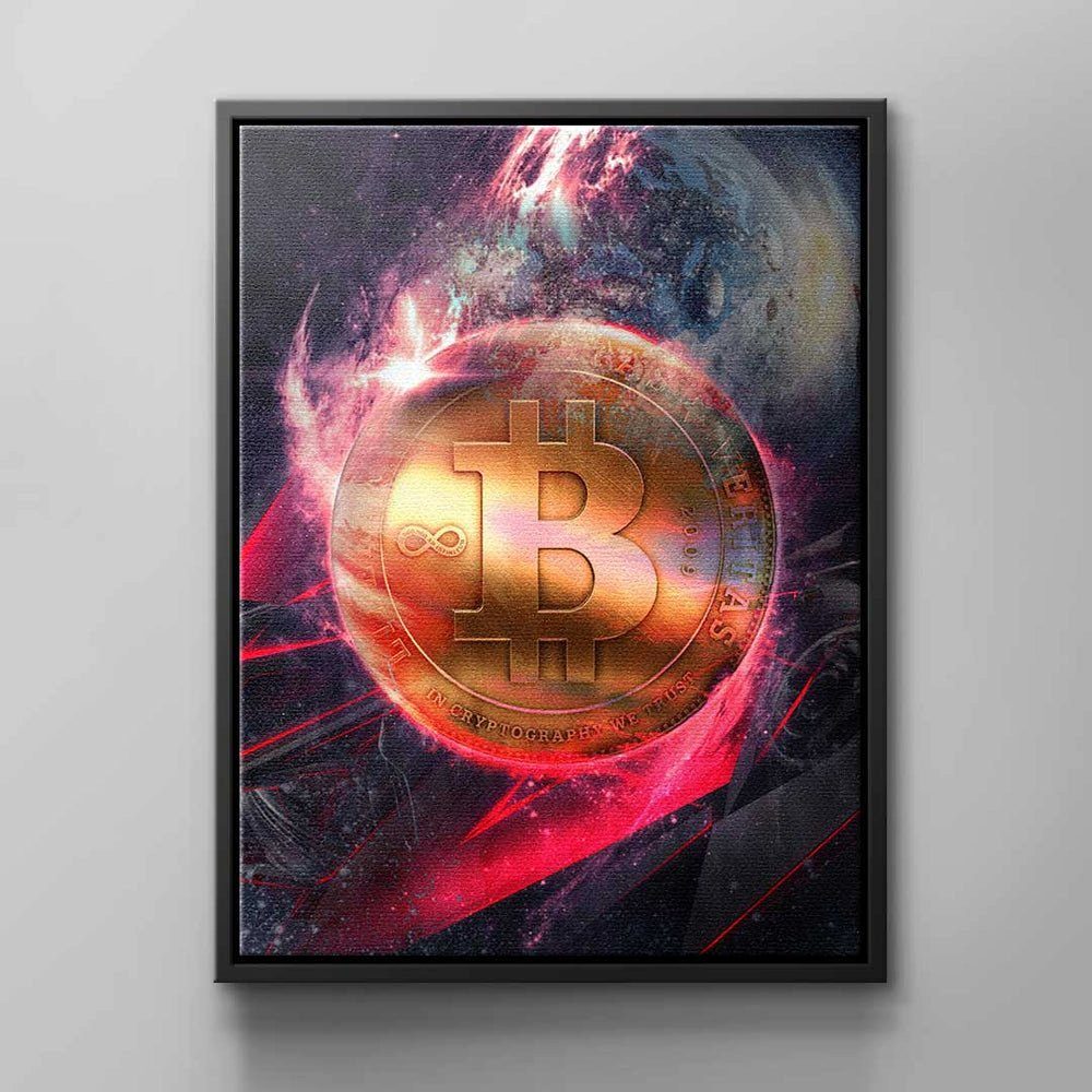 Bitcoin space Bitcoin ohne Leinwandbild DOTCOMCANVAS® Balde astronut kryptowährung pink bitcoin schwarz Balde, Rahmen gold