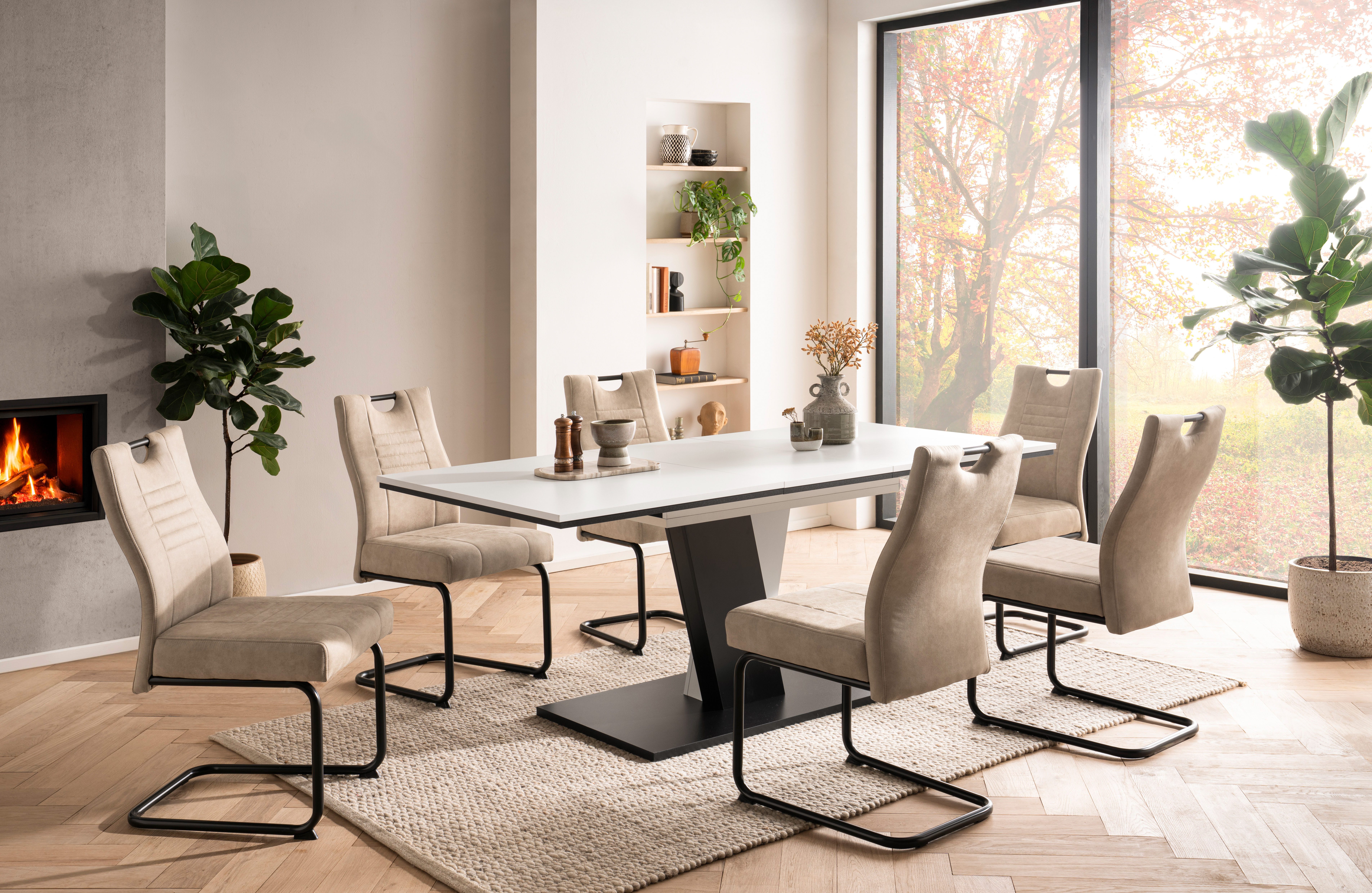 OTTO home Essgruppe "Altona", Esstisch ausziehbar plus 6 Stühle, TOPSELLER!, (7-tlg., Esstisch ausziehbar 140 - 180 cm, 6 Freischwinger), Säulentisch 140-180x90 cm, Stuhl mit Federkorb, 140 kg belastbar