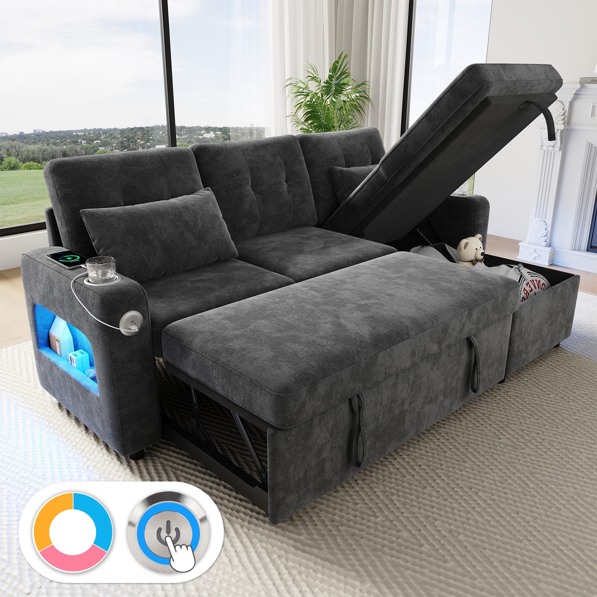 Merax Ecksofa mit LED‑Beleuchtung & USB, L-förmiges Sofa mit Schlaffunktion, multifunktionales Schlafsofa aus Chenille, für Wohnzimmer/Schlafzimmer 1 Teile, 3-Sitzer-Sofa mit Getränkehalter, Seitentaschen & verdeckten Stauraum