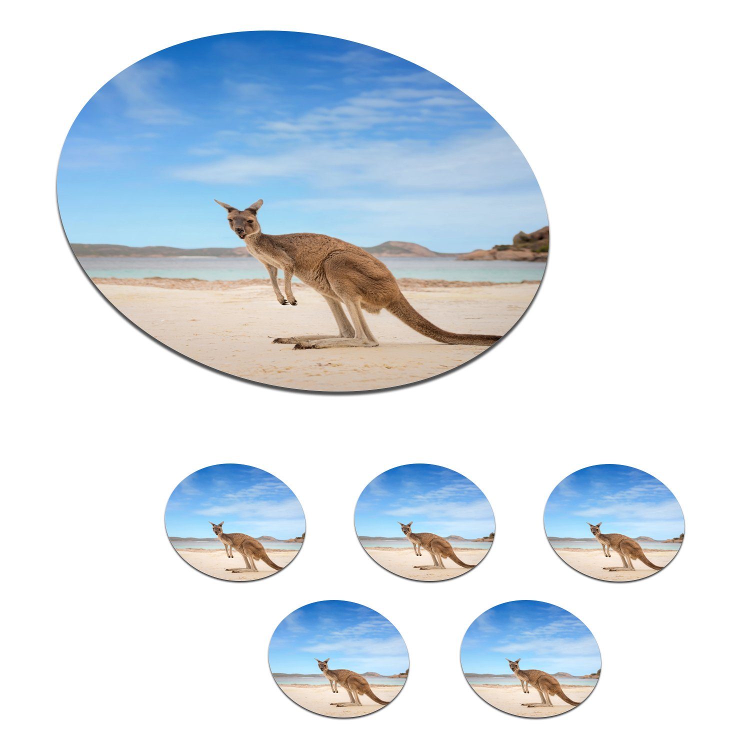 MuchoWow Glasuntersetzer Strand - Känguru - Australien, Zubehör für Gläser, 6-tlg., Getränkeuntersetzer, Tassenuntersetzer, Korkuntersetzer, Tasse, Becher
