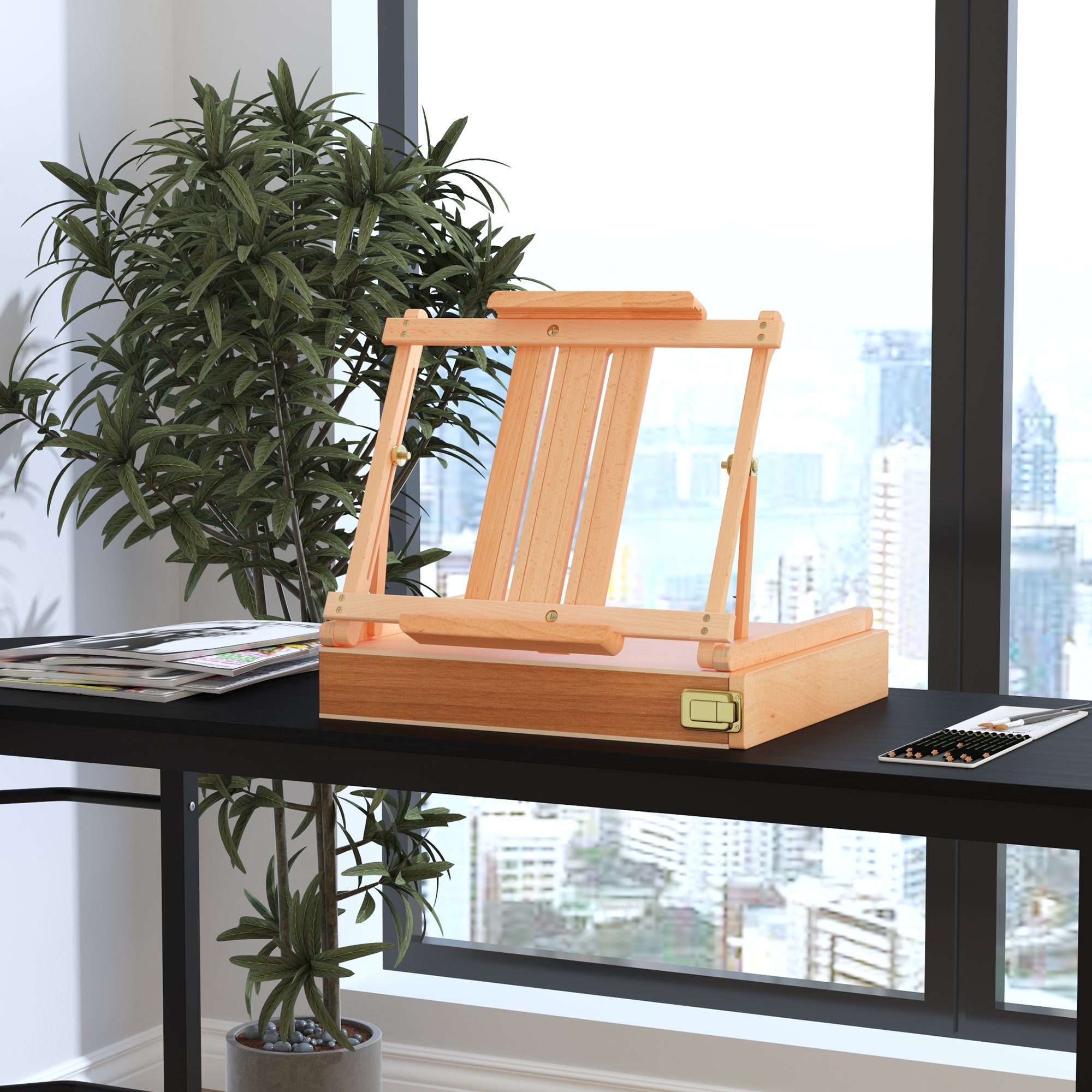 Vinsetto Staffelei Atelierstaffelei Winkelverstellbar Faltbar mit Schublade, Natur 42 x 36 x 12,5 cm