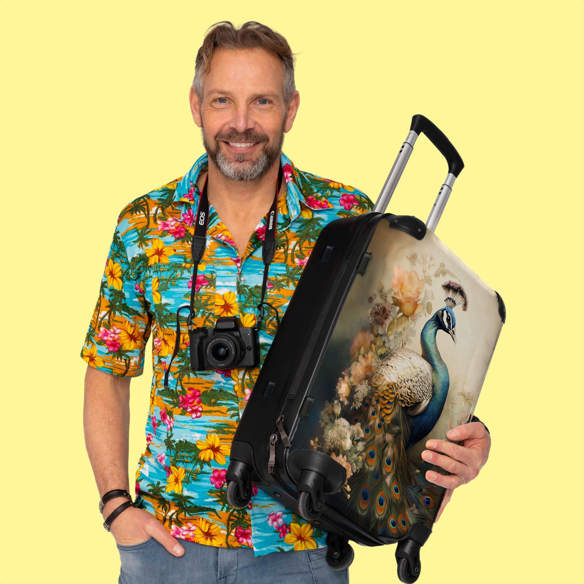 mit 4 - Reisekoffer Koffer Rollen, Trolley - 4 Große Pfauenfedern NoBoringSuitcases.com© - Pfau Blumen Rollkoffer Rollen 67x43x25cm - Aufgabegepäck Botanisch,