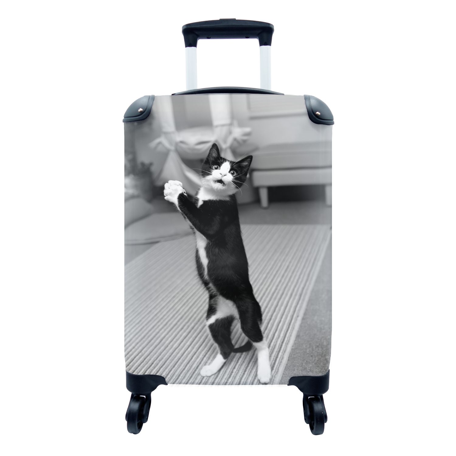 - weiß, und Rollen, Handgepäck Ferien, Handgepäckkoffer 4 Trolley, auf schwarz für rollen, Reisetasche mit Reisekoffer Katze MuchoWow Hinterbeinen