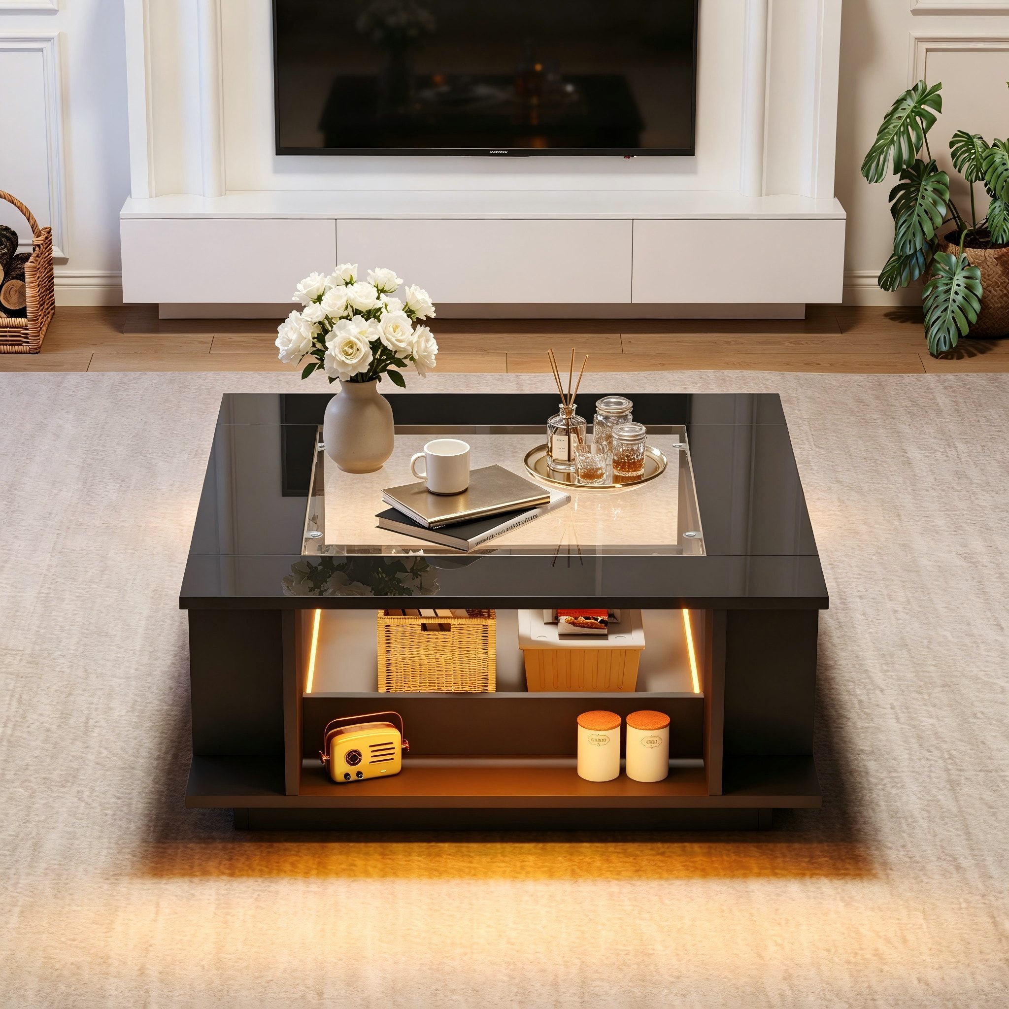 STILVORA Couchtisch in Schwarz Wohnzimmersofa Sofatisch mit LED-Beleuchtung (Glasplatte, Hochglanzoberfläche, LED, 70×70×30cm, Weiß, Spanplatte, offene Fächer, Stauraum, belastbar bis 30kg), für Wohnzimmer, Lounge, Apartment, moderne Wohnbereiche