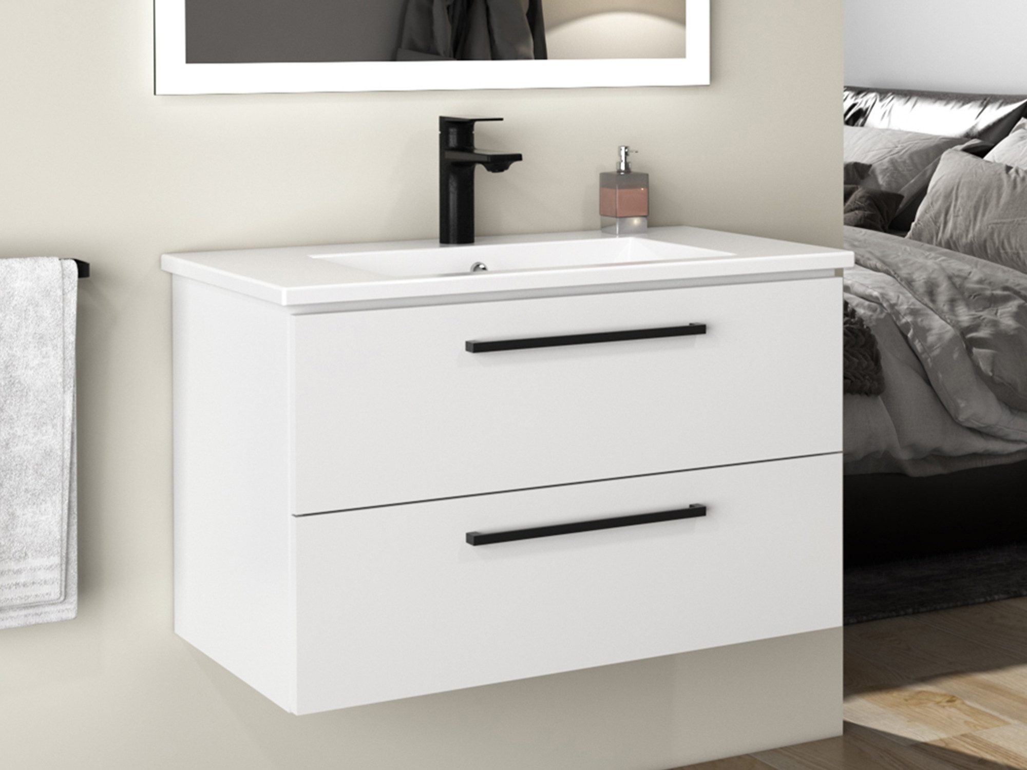 Aqua Bagno Badmöbel-Set Badschrank mit Waschbecken weiß lackiert - hängend 80cm, (Set, 1-St., aus 2 Teilen (Unterschrank mit Möbelwaschtisch), Zwei Vollauszugschubladen mit Softclose Funktion