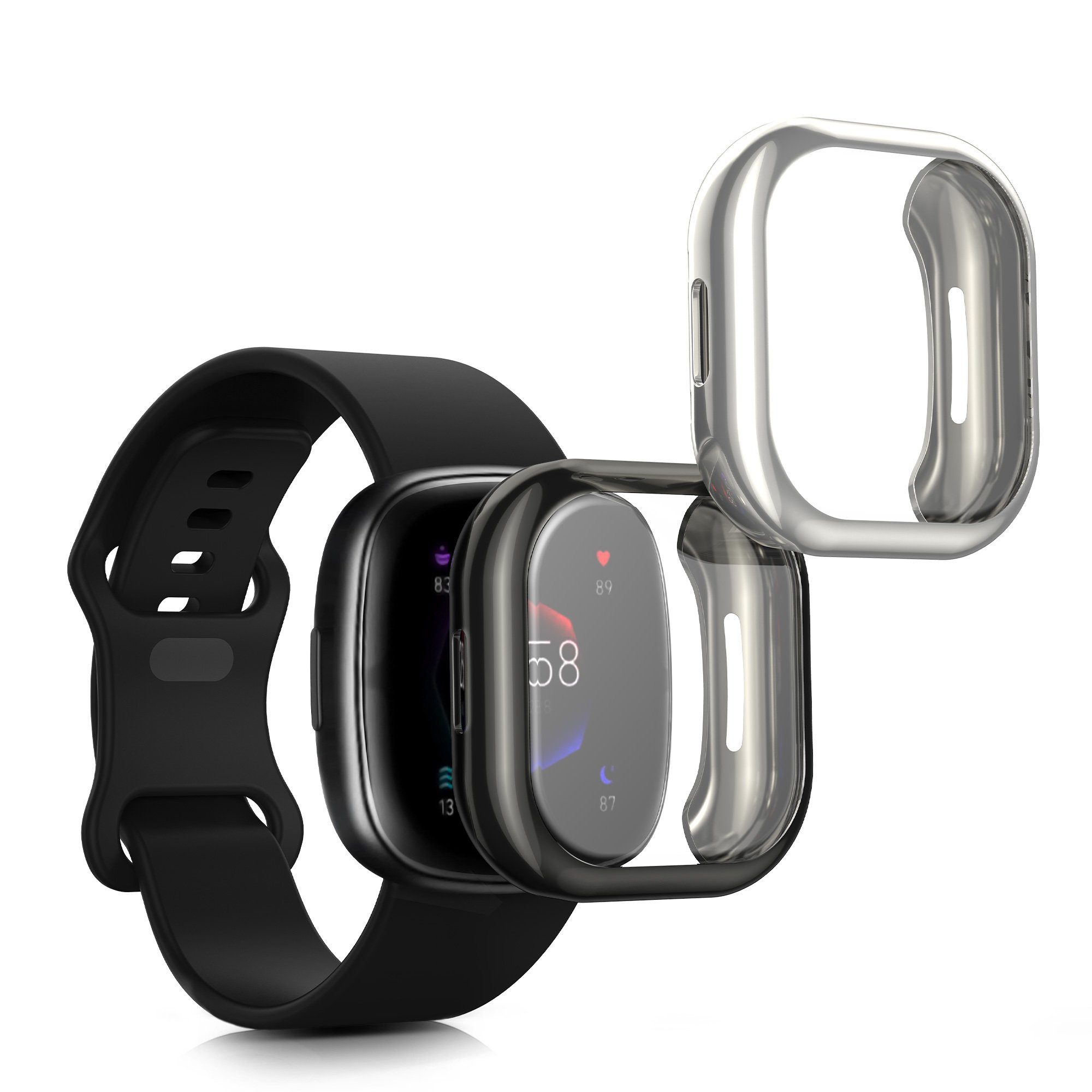 kwmobile Smartwatch-Hülle 2x Silikon Hülle für Fitbit Versa 4 / Sense 2, Schutzhülle Fullbody Display Cover Set aus Silikon