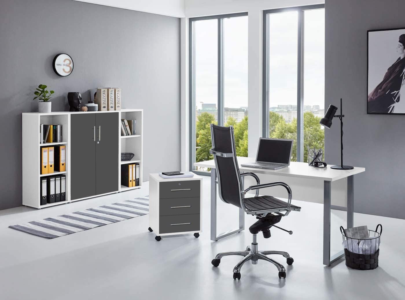 moebel-dich-auf Büromöbel-Set TABOR Set 2, (abschließbar, 5-tlg., Schreibtisch mit Rollcontainer + Aktenschrank + 2 Aktenregale), mit Edelstahlgriffen & lackierten Fronten, MADE IN GERMANY