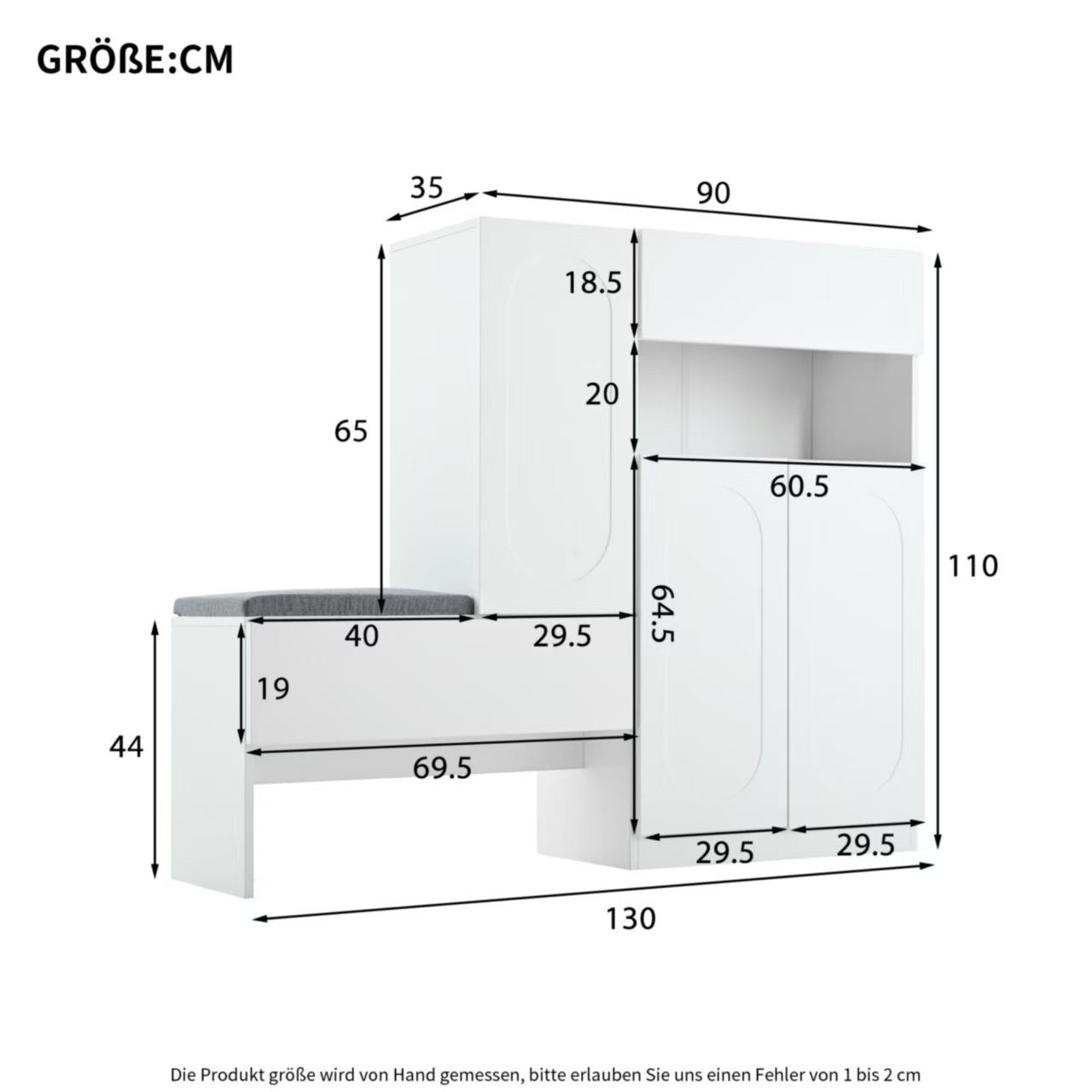 Flieks Schuhschrank Schuhkommode mit gepolsterter Sitzbank (B130/T35/H110 cm, 1-St., mit gepolsterter Sitzfläche) Schuhwechselhocker mit Seitenschrank Schuhbank – Bild 4 von 5