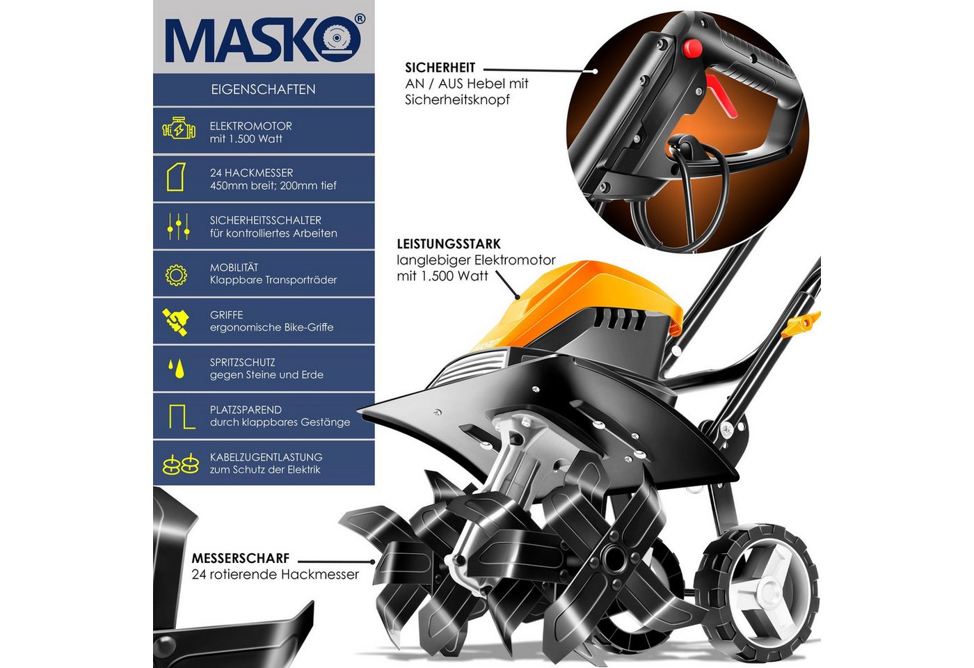 Thumbnail - MASKO Elektromotorhacke, Gartenfräse elektrische Motorhacke 1500 Watt 40cm Arbeitsbreite 20cm