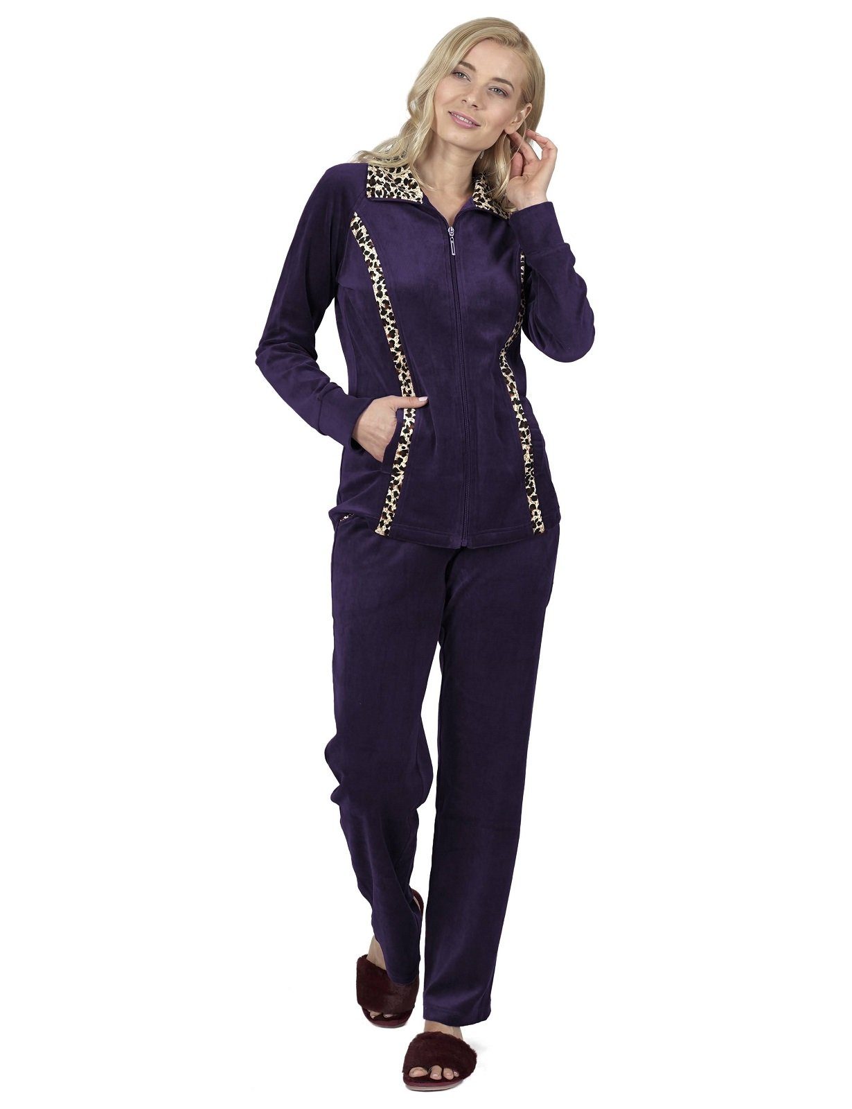 RAIKOU Hausanzug Nicki Velours Damen Hausanzug Freizeitanzug Jogginganzug (mit Reißverschluss und Leo Print, 2 tlg) weiche Baumwolle-Polyester-Gemisch dunkel lila | Pyjama-Sets
