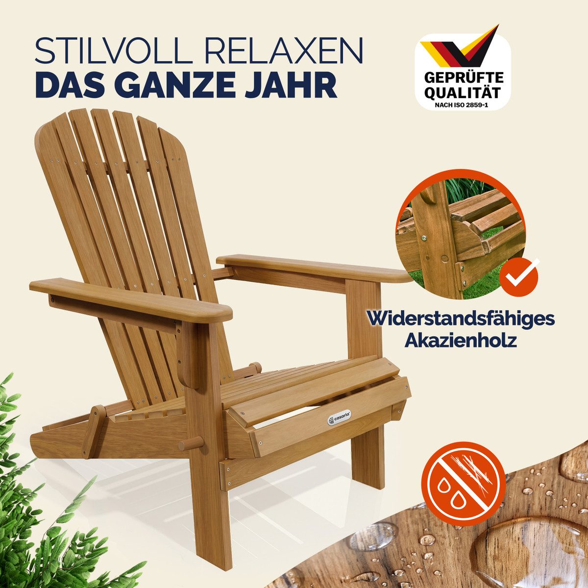 Casaria Gartensessel, Akazie Holz 160kg Belastbar Wetterfest Klappbar Armlehnen Garten