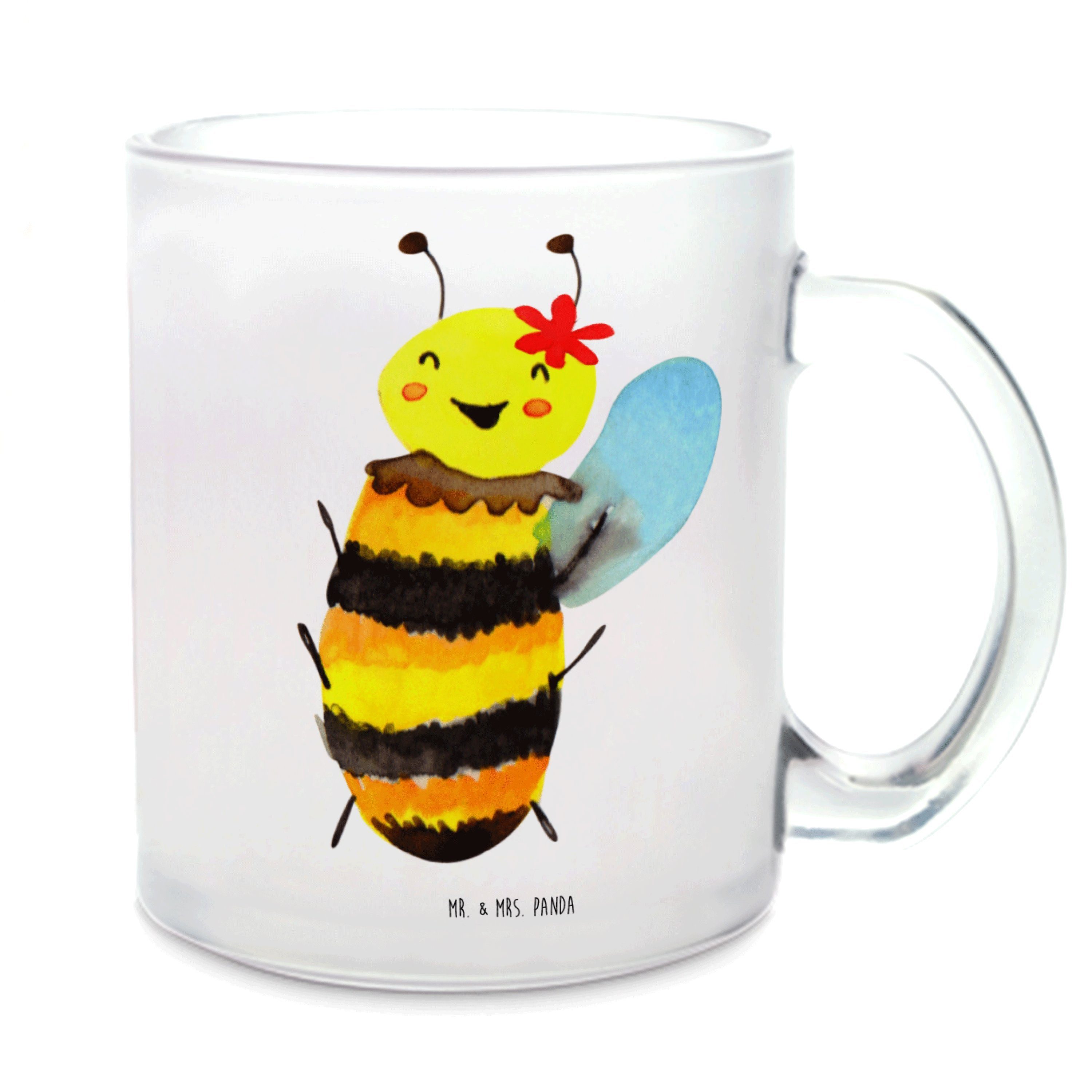 Mr. & Mrs. Panda Teeglas Biene Happy, Teetasse, Transparent, Tee Tasse, Pott, Teetasse, Haferl, Premium Glas, Motivtasse Biene Teeglas
