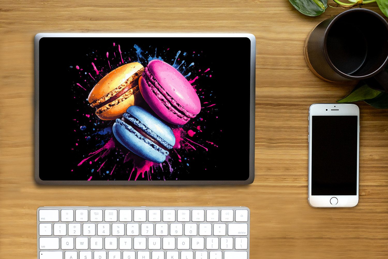 Thumbnail - MuchoWow Laptop-Aufkleber Makronen - Dessert - Graffiti - Bunt - Rosa - Blau - Gelb, (1tlg), Laptop Folien Cover, Aufkle...