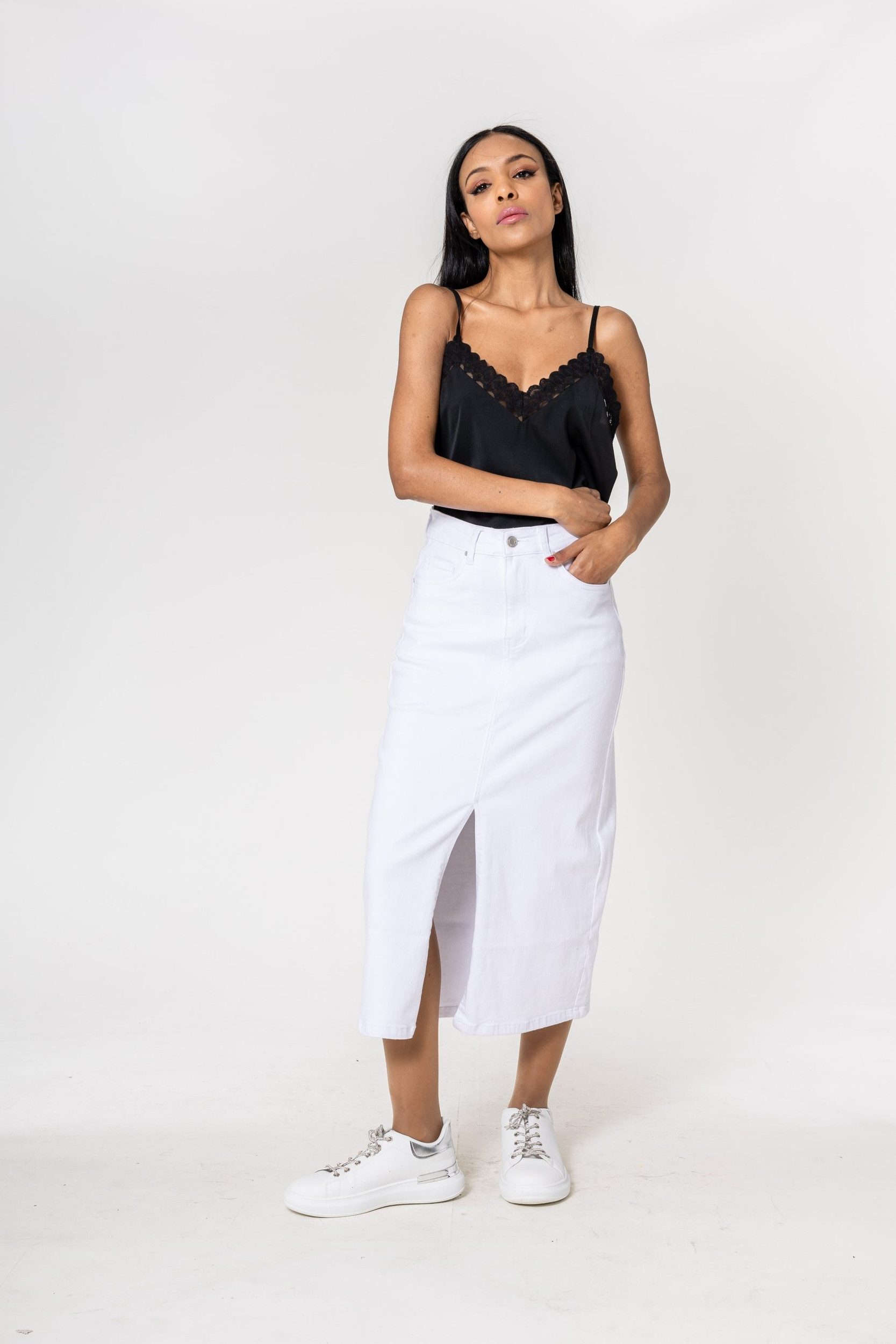 Nina Carter Sommerrock Langer mit Schlitz Stretch Denim Midi Denim Midi Ski günstig online kaufen