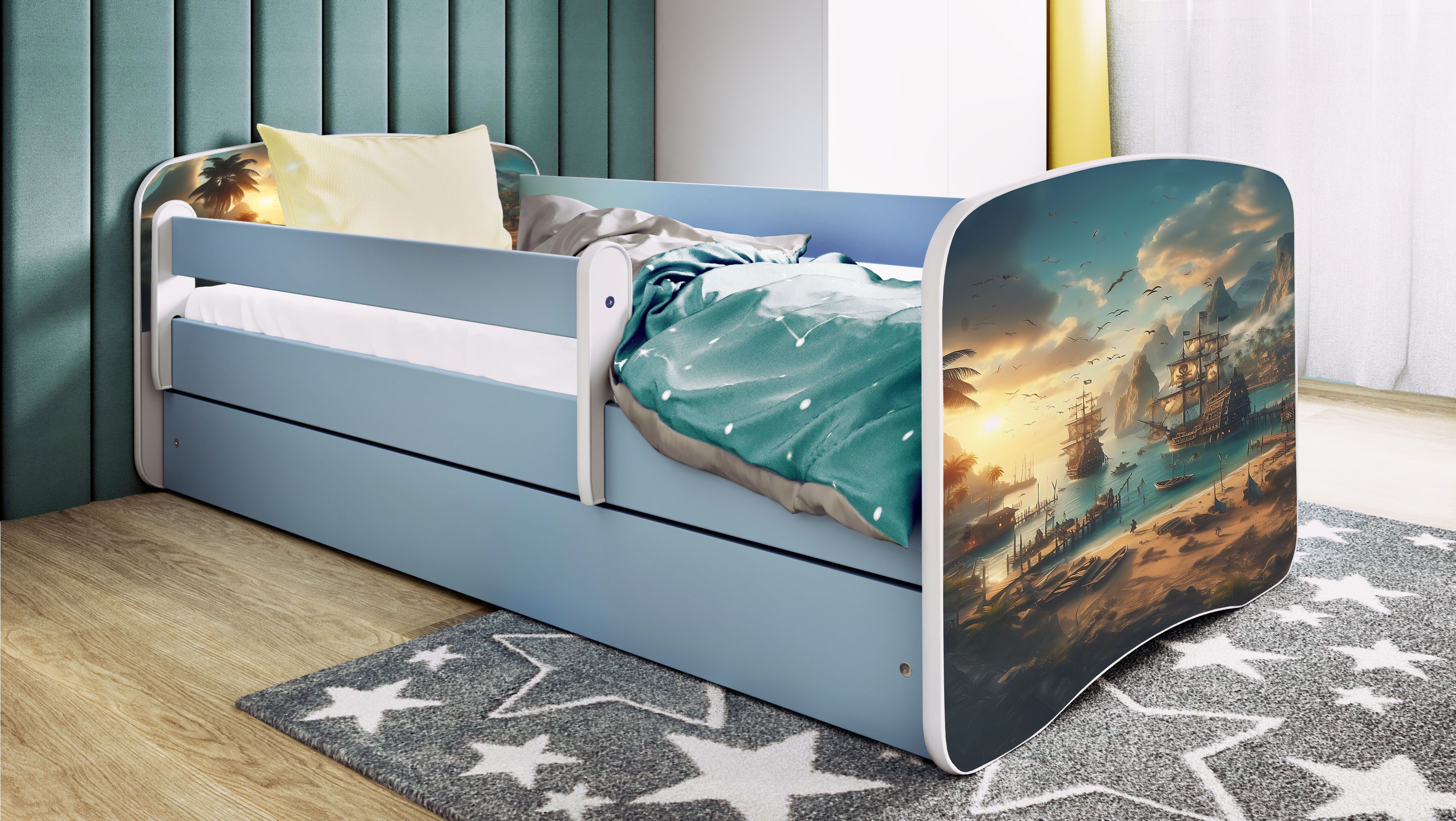 Raumhirsch Furniture Kinderbett 70x140, 80x160, 80x180 cm - Komplettset mit Matratze & Schublade (Bett für Jungs, Einzelbett für Kinder 2–12 Jahre mit Rausfallschutz), verschiedene Farben & Designs