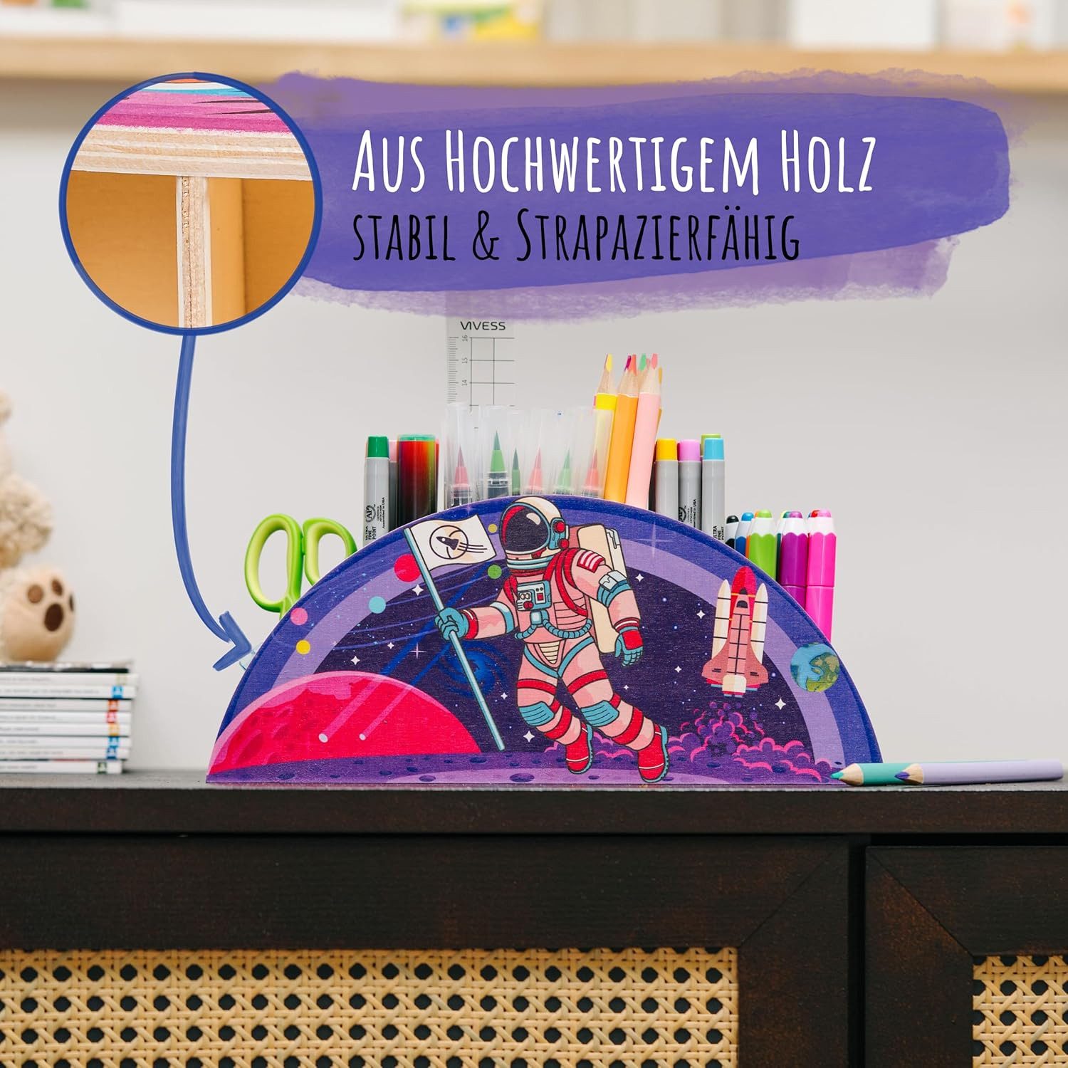 Wagoma Organizer Stiftehalter Kinder [5 Fächer] Robust aus Holz