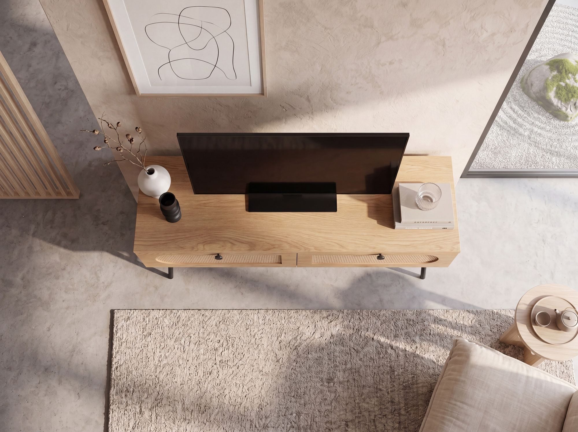 FineBuy Lowboard 100x45x40 cm TV-Kommode mit Eiche-Dekor & Rattan, Design TV-Schrank Hoch mit Schubladen, Fernsehtisch Fernsehschrank, Fernsehkommode Wohnzimmer – Bild 5 von 5