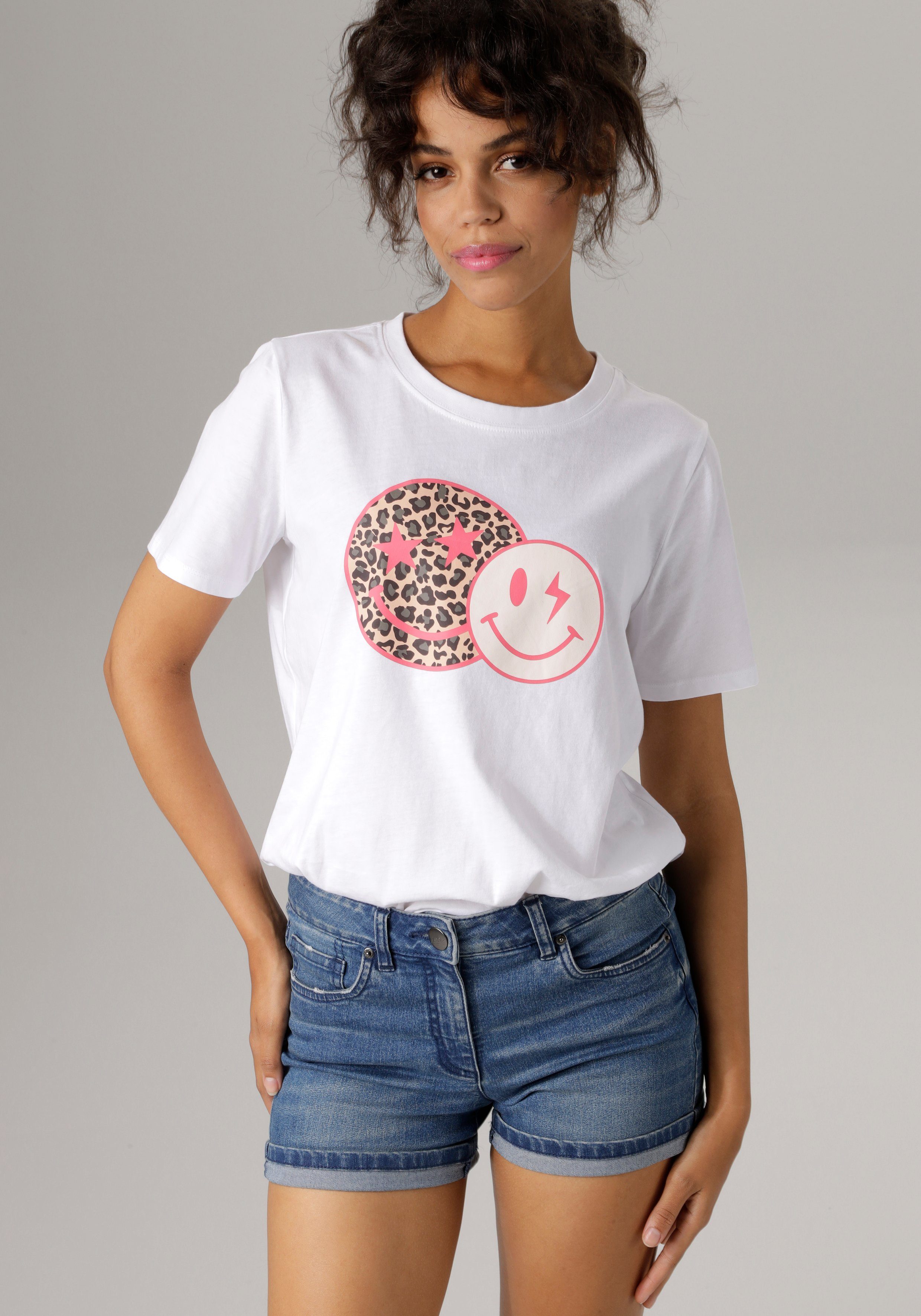 weiß-pink-beige-schwarz-grau coolen T-Shirt Aniston CASUAL bedruckt mit Smileys