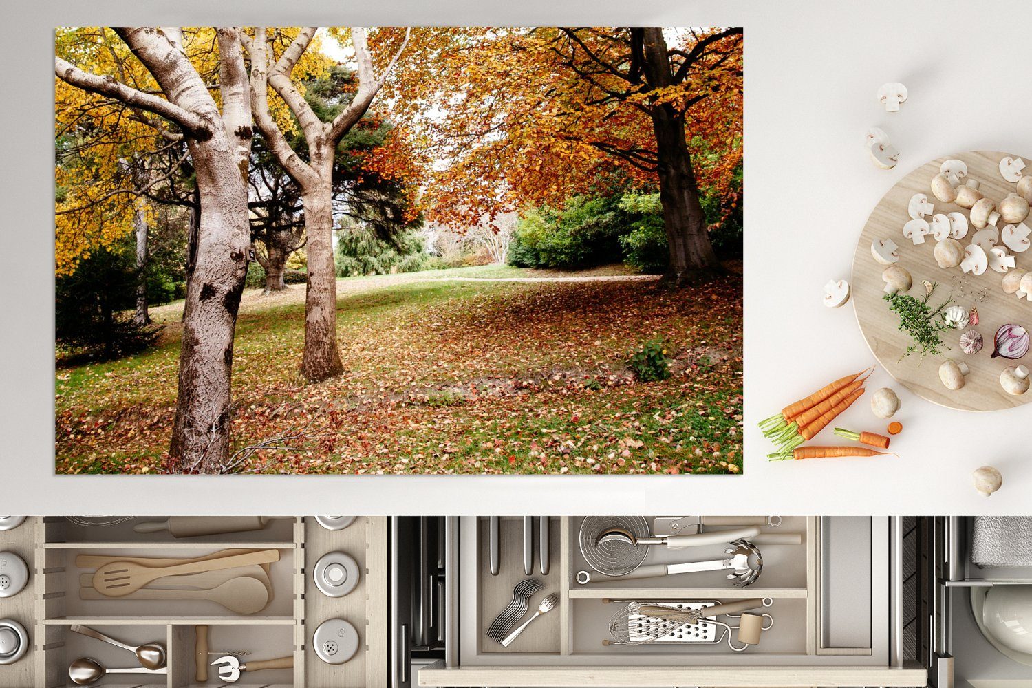Natur, küche, Bäume (1 Herbst 80x52 - Herdblende-/Abdeckplatte tlg), für cm, - Ceranfeldabdeckung Schutz - Induktionskochfeld die Vinyl, MuchoWow Laub